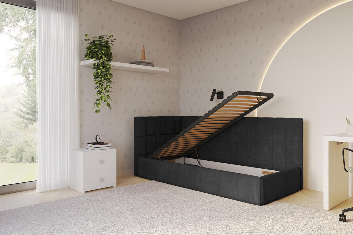 EINZELLBETT Jugendbett mit Bettkasten, Rechts - TULY 100x200 Schwarz - Anthrazit, Holzwerkstoff/Textil (100/200cm) - ALTDECOR