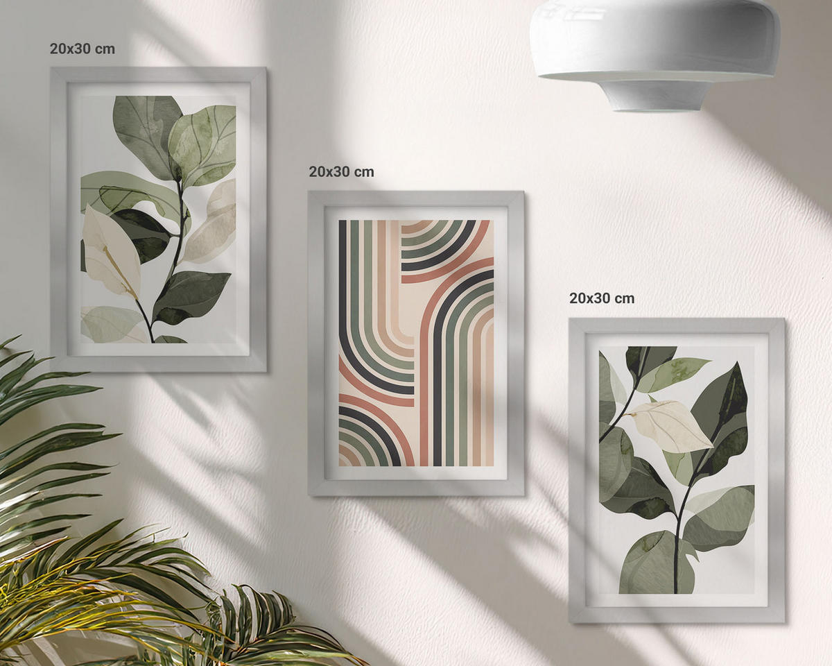 BILDER SET 3er Set - 20x30 cm Silberner Rahmen - Geometrische Pflanzenmotive - Silberfarben, Kunststoff (20/30cm) - TULUP