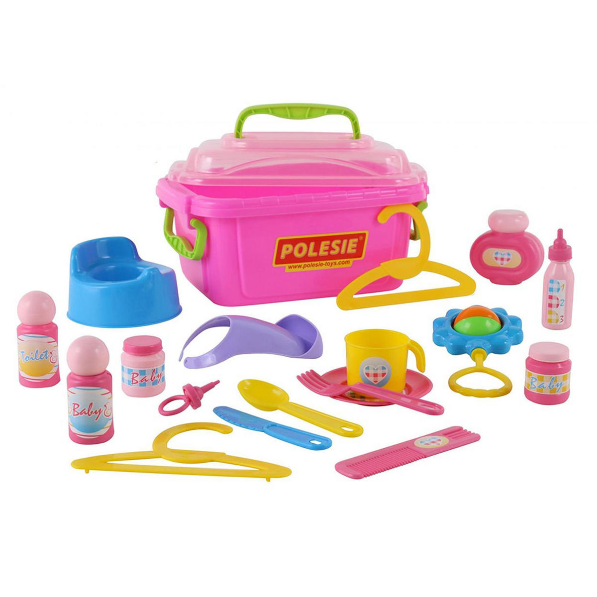 SPIELZEUG Nanny-Set 53473 rosa 19-teilig, Koffer, Rassel, Schnuller, Latz, Töpfchen, Puppenzubehör - Rosa, Kunststoff (15/19/28cm) - Polesie