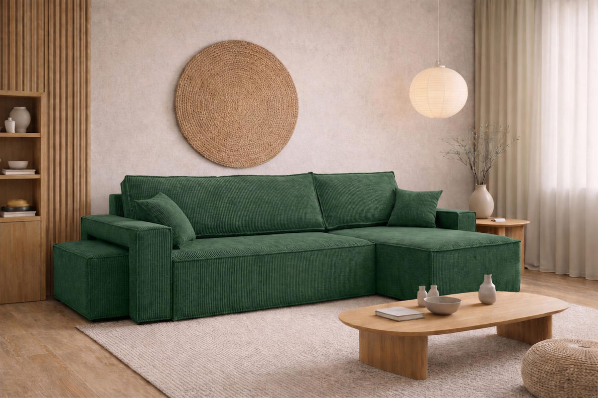 ECKSOFA Mit Schlaffunktion Und Pouf, Cordstoff Poso, Grün, Rechts, Best L Mit Pouf - Grün, Holz (244/145cm) - Kaiser Möbel