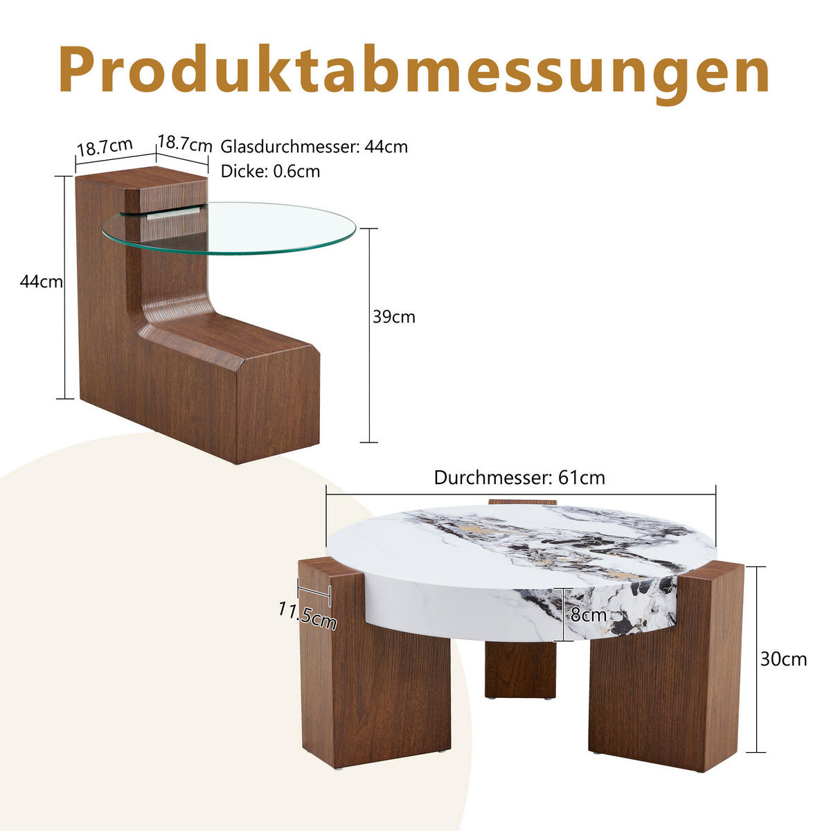COUCHTISCH in Naturfarbe und Weiß 2er-Set Couchtisch-Kombination für Wohnzimmer, B44/T62/H44 cm, Ø61/H30 cm - Walnussfarben/Weiß, Glas/Holzwerkstoff (61/61/30cm) - STILVORA