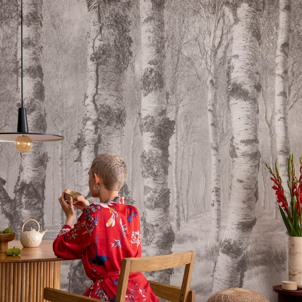 FOTOTAPETE 104x70 cm - Birkenwald - Schwarz, Textil (104/70cm) - Wallfluent