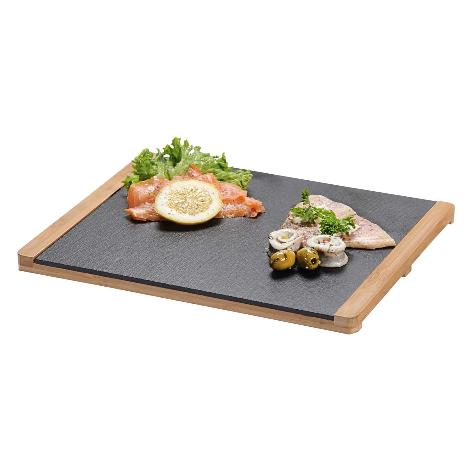 BUFFETPLATTEN, Schiefer mit Bambusrahmen, 4 Stück - 34 x 26cm - Schwarz, Stein (26/1.5/34cm)
