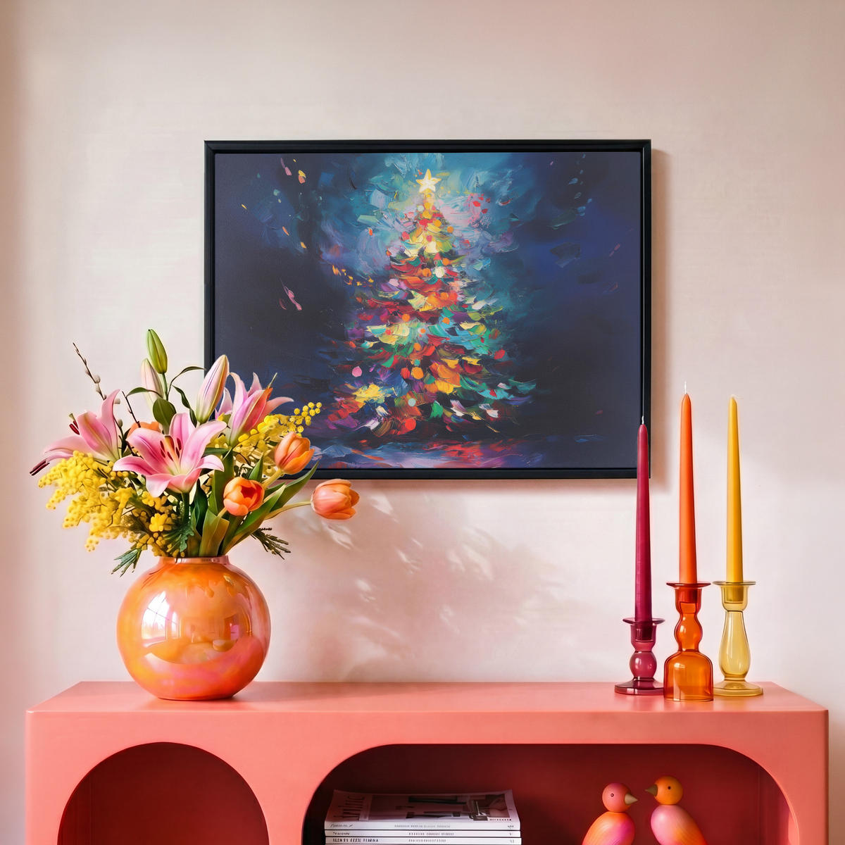 LEINWAND Bilder mit Rahmen - Weihnachtsbaum - Weihnachten - Abstrakt - Farbenfroh - 40x30 - Multicolor, Textil (40/30cm) - MuchoWow