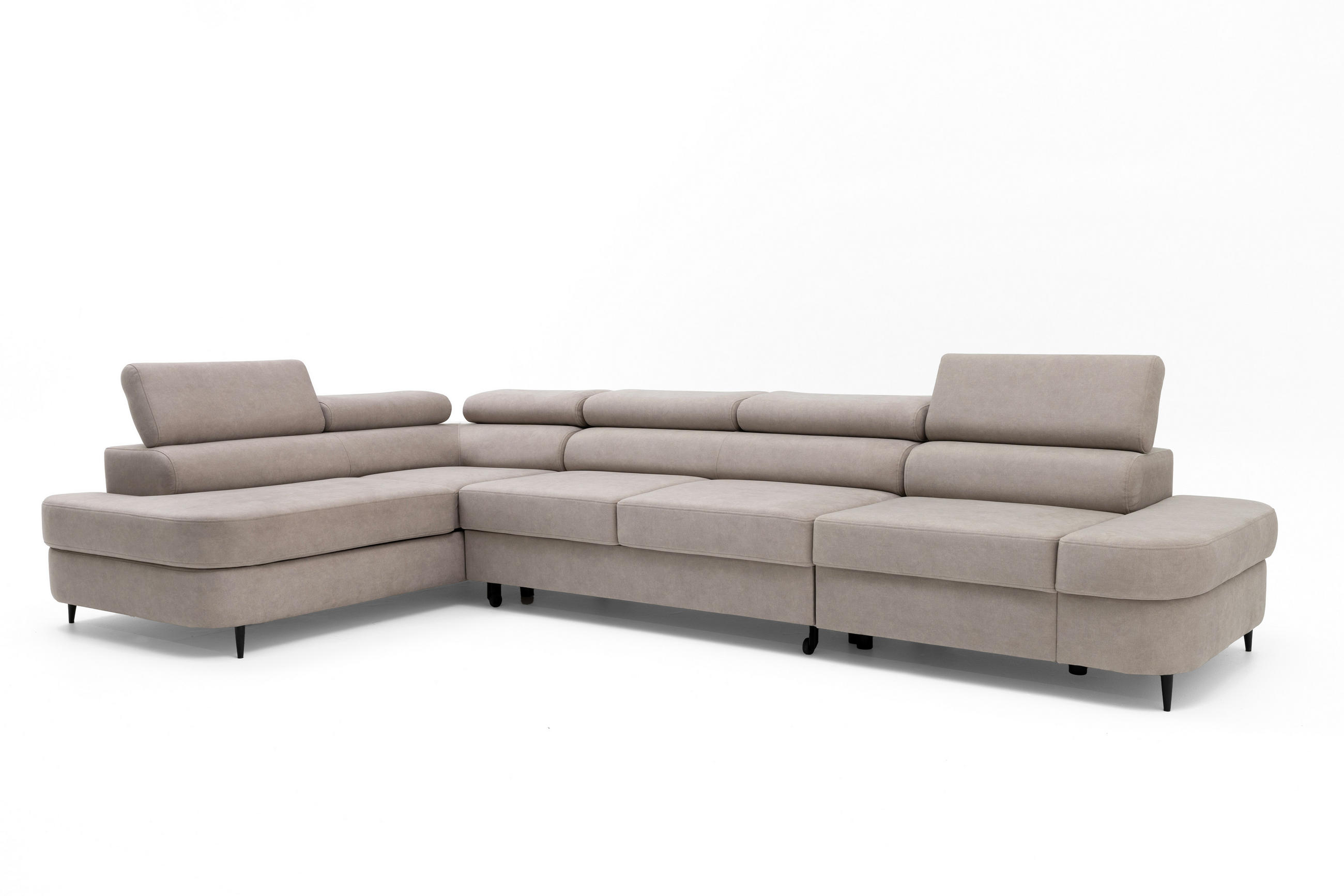 ECKSOFA PRIAM MAXI L-Form mit Schlaffunktion & Bettkasten, 6-Sitzer, 350cm, Verstellbare Kopfstützen Ottomane links - Beige, Holz/Textil (350/203cm) - Muffo