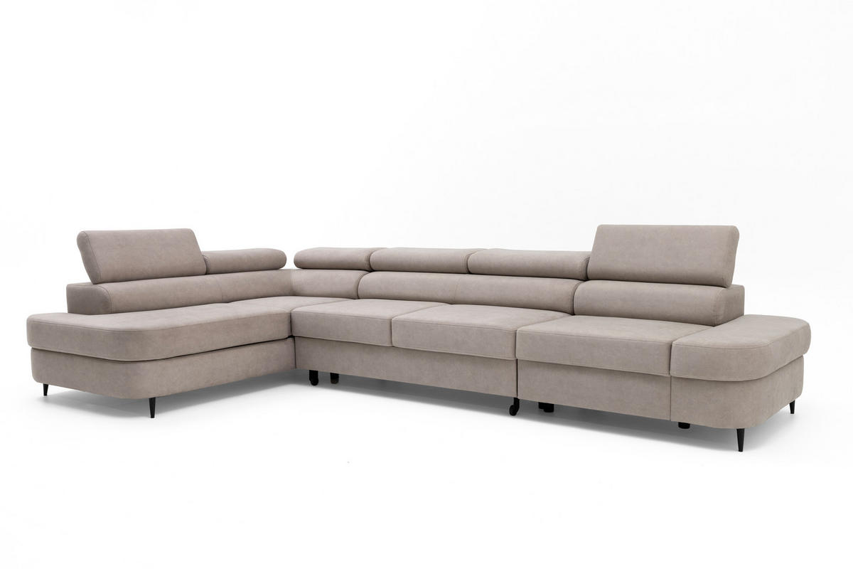 ECKSOFA PRIAM MAXI L-Form mit Schlaffunktion & Bettkasten, 6-Sitzer, 350cm, Verstellbare Kopfstützen Ottomane links - Beige, Holz/Textil (350/203cm) - Muffo