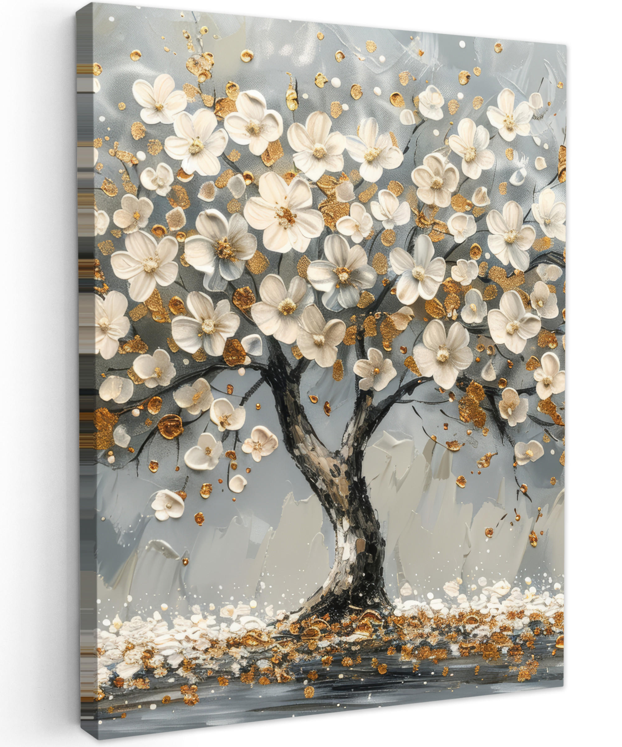 LEINWANDBILD Baum - Blumen - Weiß - Natur - Kunst 60x80 cm - Weiß, Textil (60/80cm) - MuchoWow