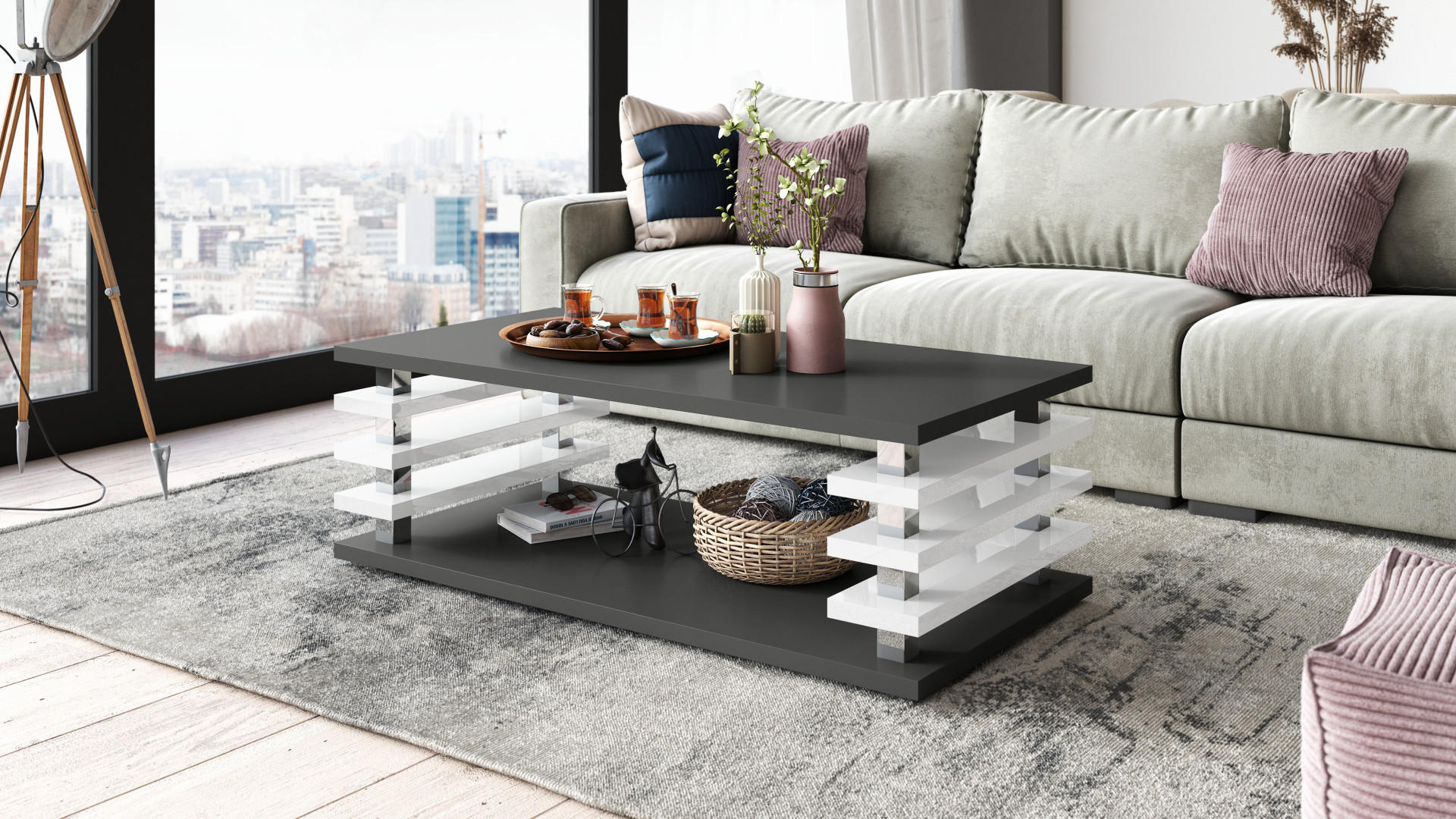COUCHTISCH rechteckig Anthrazit matt - Weiß Hochglanz Ablage 120/40/60 cm - Weiß Hochglanz/Anthrazit, Holzwerkstoff (60/120/40cm) - designimpex