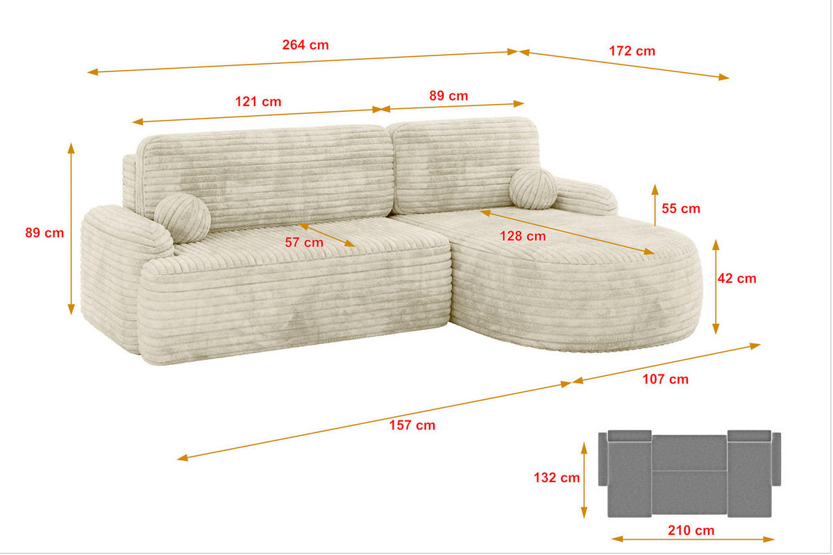 ECKSOFA mit Schlaffunktion und Bettkasten LIRA-L - 264x172x89 Creme - Ecru, Holzwerkstoff/Textil (172/264cm) - ALTDECOR
