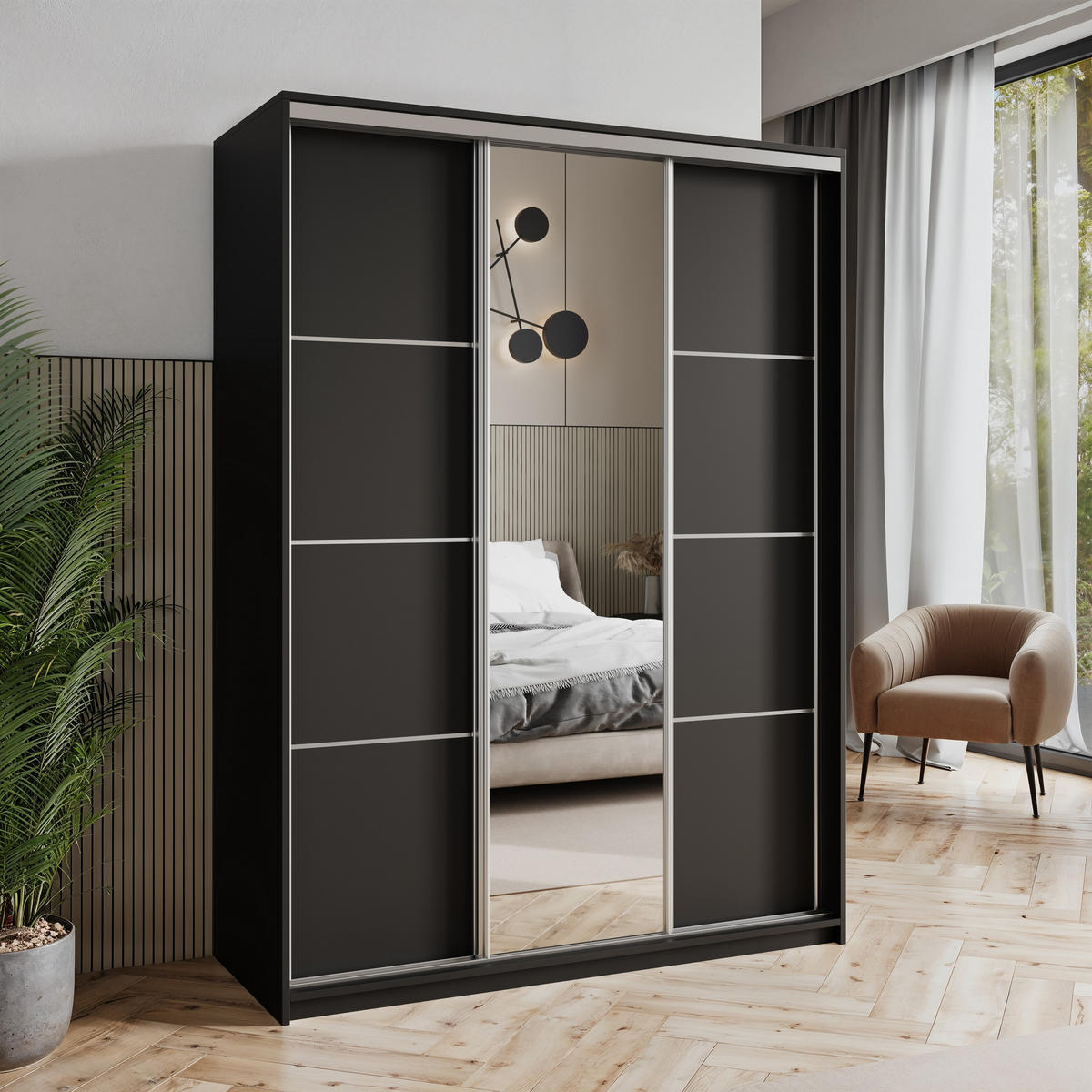 SCHWEBETÜRENSCHRANK VARO 150/205/60 cm 3-türig mit Spiegel Schwarz - Schwarz, Holzwerkstoff (150/205/60cm) - MASSENO