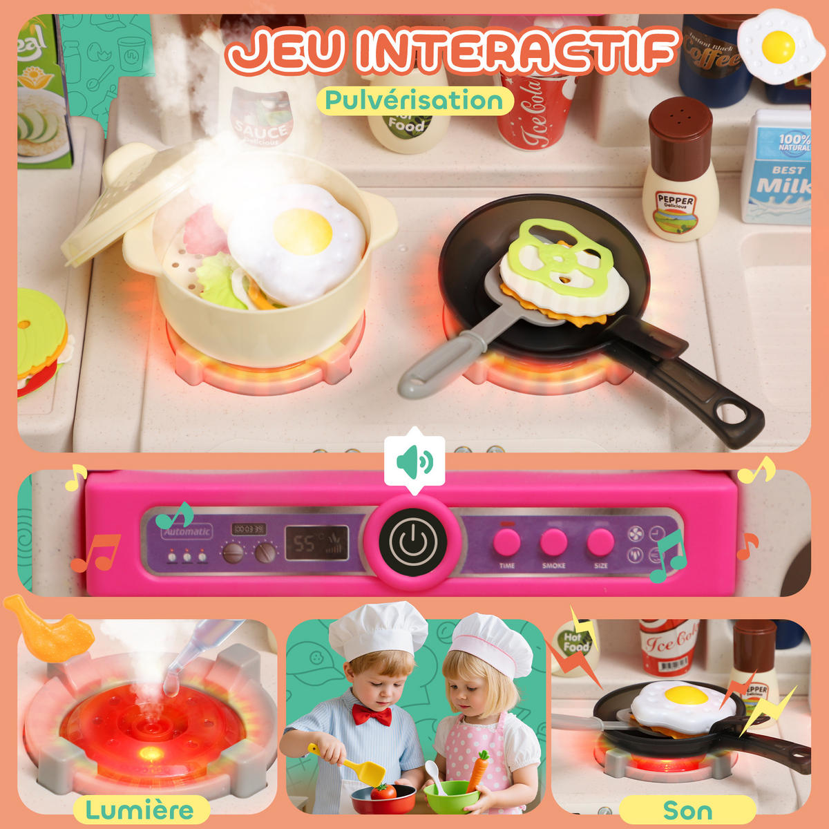 SPIELKÜCHE DE-18738 104-teilig mit Licht, Sound & Nebel Rosa - Pink, Kunststoff (52.5/22/100cm) - ComfortXL
