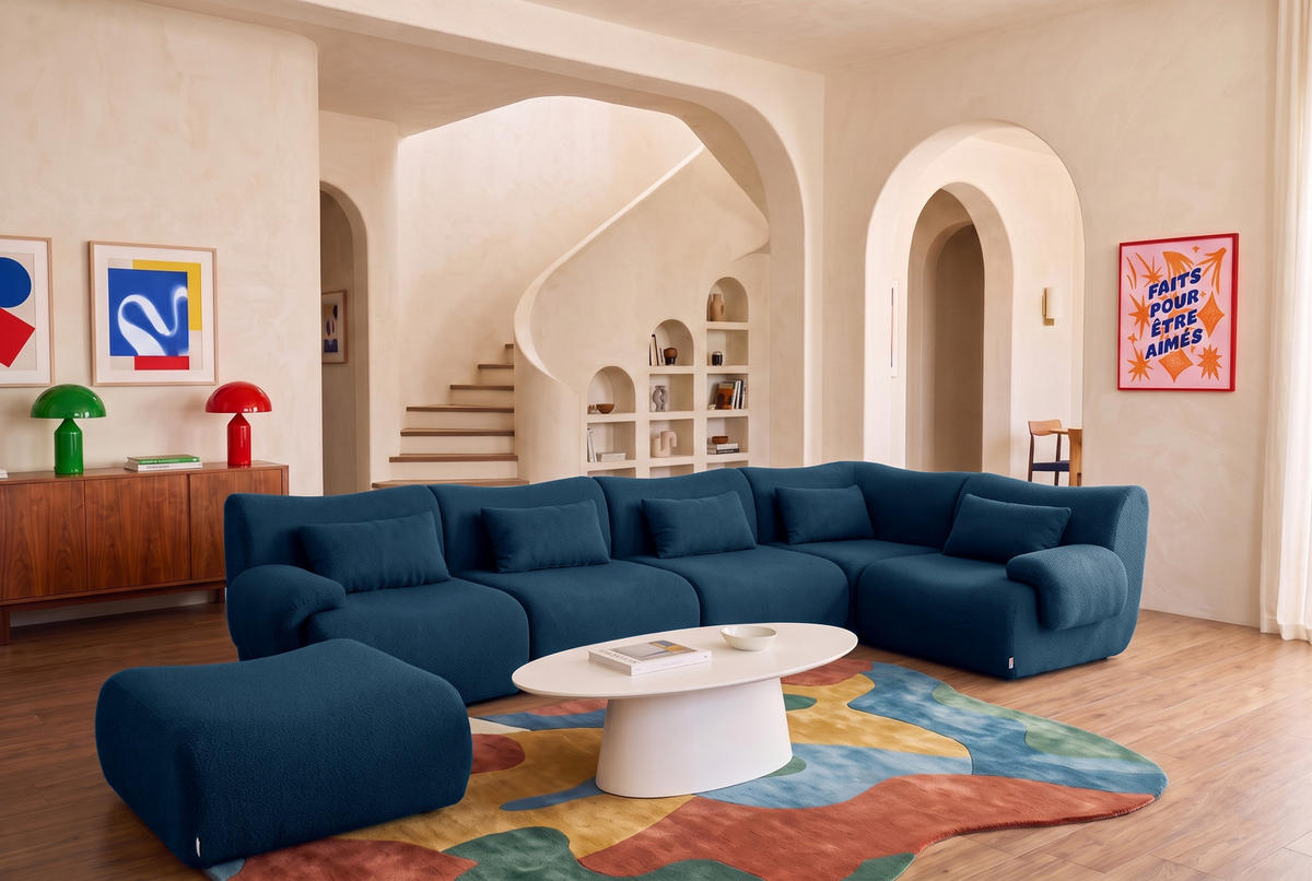 VEĽKÁ modulárna sedacia súprava bouclé tkanina tmavomodrá - modrá, textil (356/73/190cm) - MILYsofa