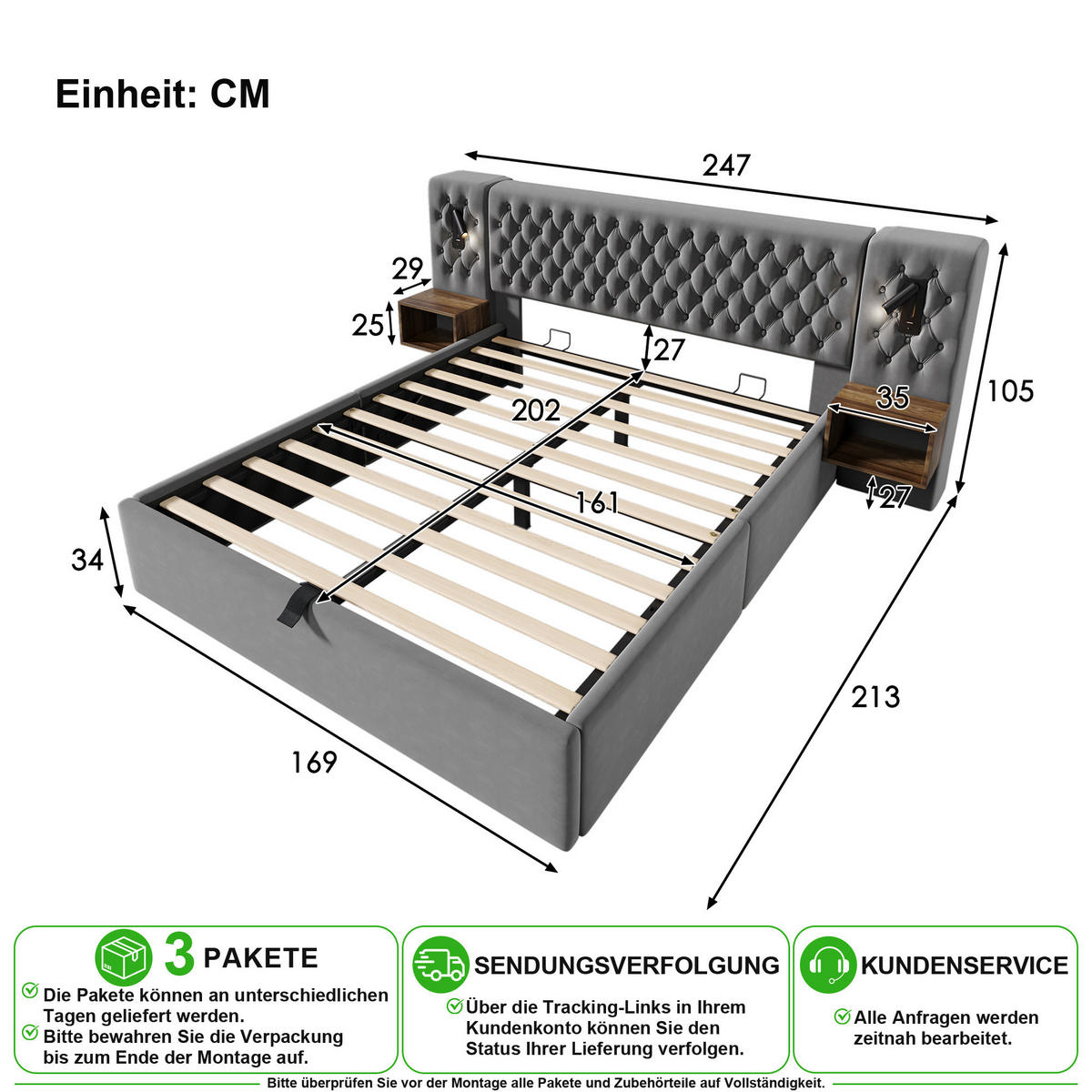 BETTANLAGE 160/200 cm in Grau mit Bettkasten, USB und Leselampen Samt - Grau, Holzwerkstoff/Textil (160/200cm) - CHICFURN