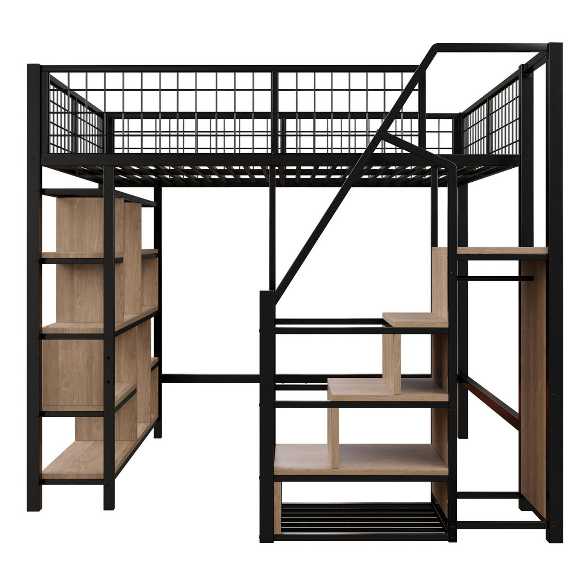 HOCHBETT 140/200 cm Schwarz mit Matratze Metallbett mit Stauraumtreppe - Schwarz, Metall (140/200cm) - OKWISH