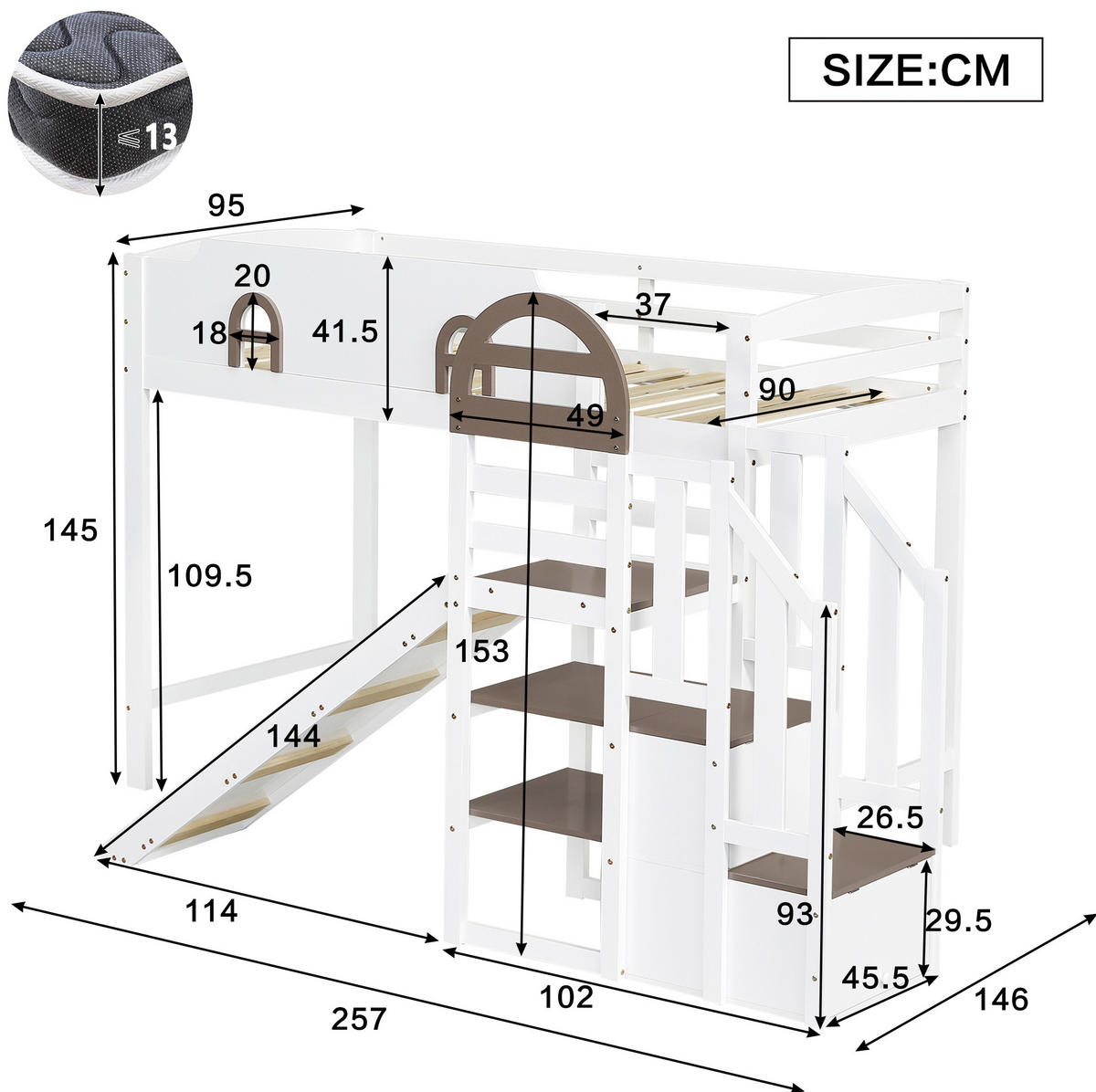 ETAGENBETT 90/200 cm mit Rutsche, Stauraumtreppe, Fenstern und Rundum-Absturzschutz aus Kiefer/MDF, Weiß - Weiß, Holzwerkstoff (90/200cm) - Redom