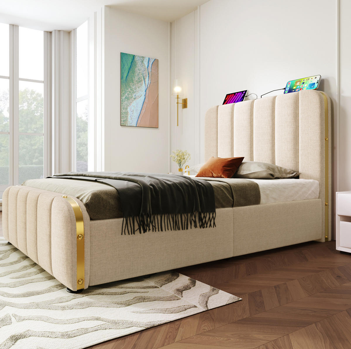 POLSTERBETT 90/200 cm in Beige mit 4 Schubladen und USB- und Type-C-Anschlüssen - Beige, Textil (90/200cm) - Flora Grace