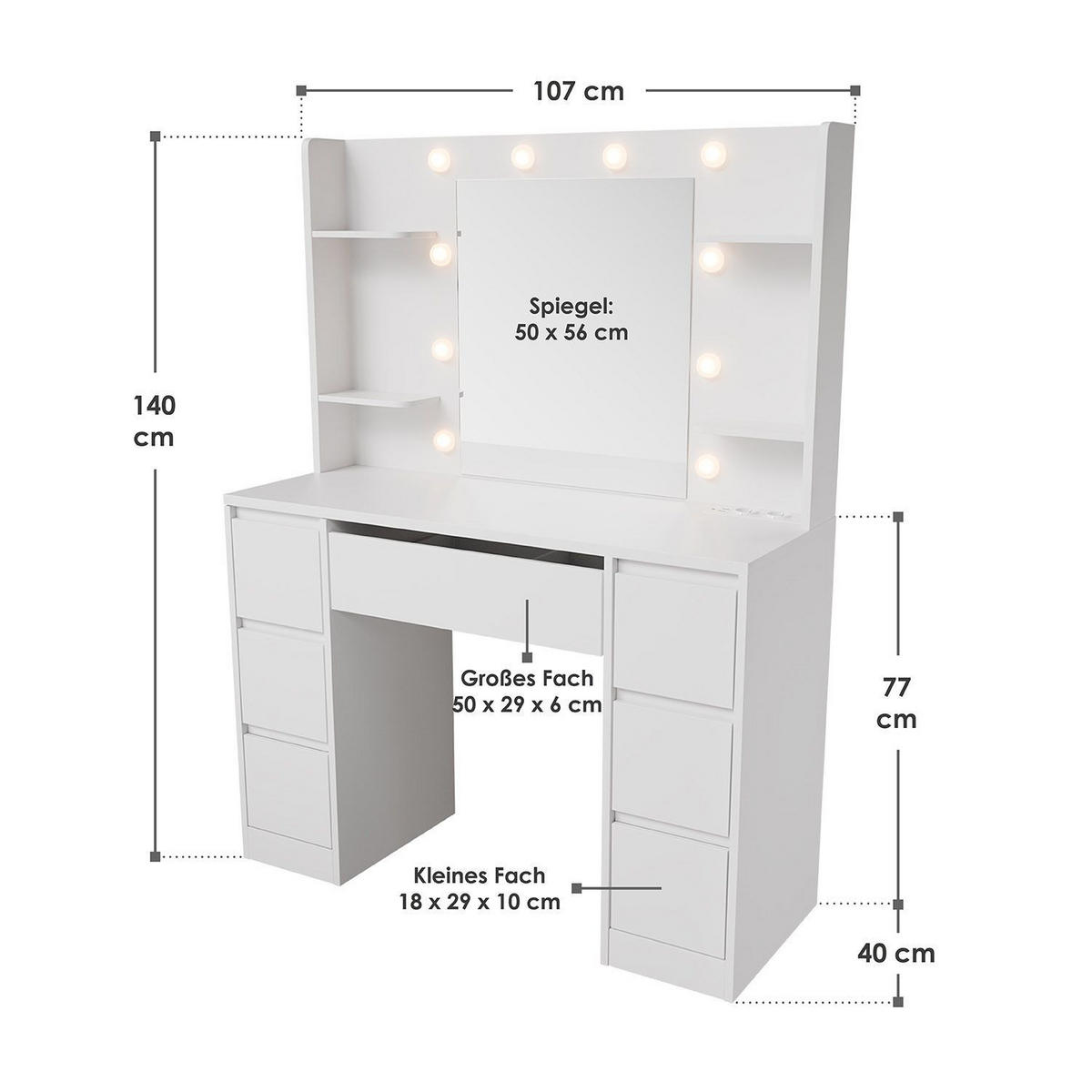 SCHMINKTISCH Malia mit LED - Weiß, Holz (107/140/40cm) - Juskys