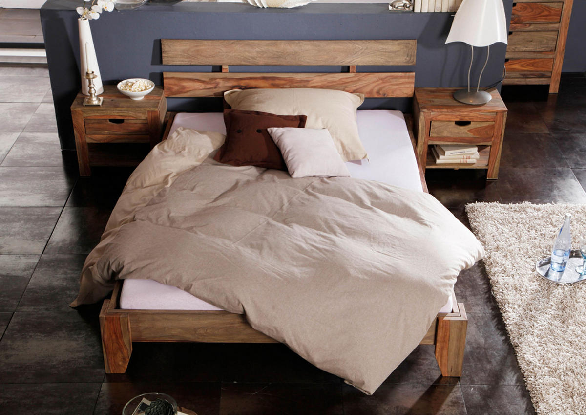 BETT Massivholz Sheesham 140 x 200 x 75 grau NATURE GREY #210 - Grau, Holz (140/200cm) - Massivmoebel24
