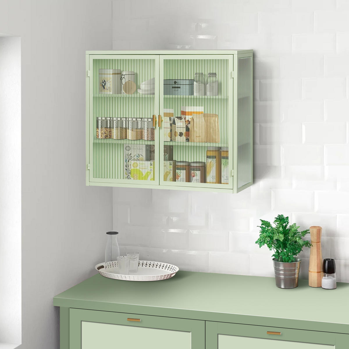 KÜCHENOBERSCHRANK 70 cm mit 2 Glastüren in Mintgrün–Metallrahmen und 3 Ebenen - Grün, Glas (70/60/23cm) - BEAOK