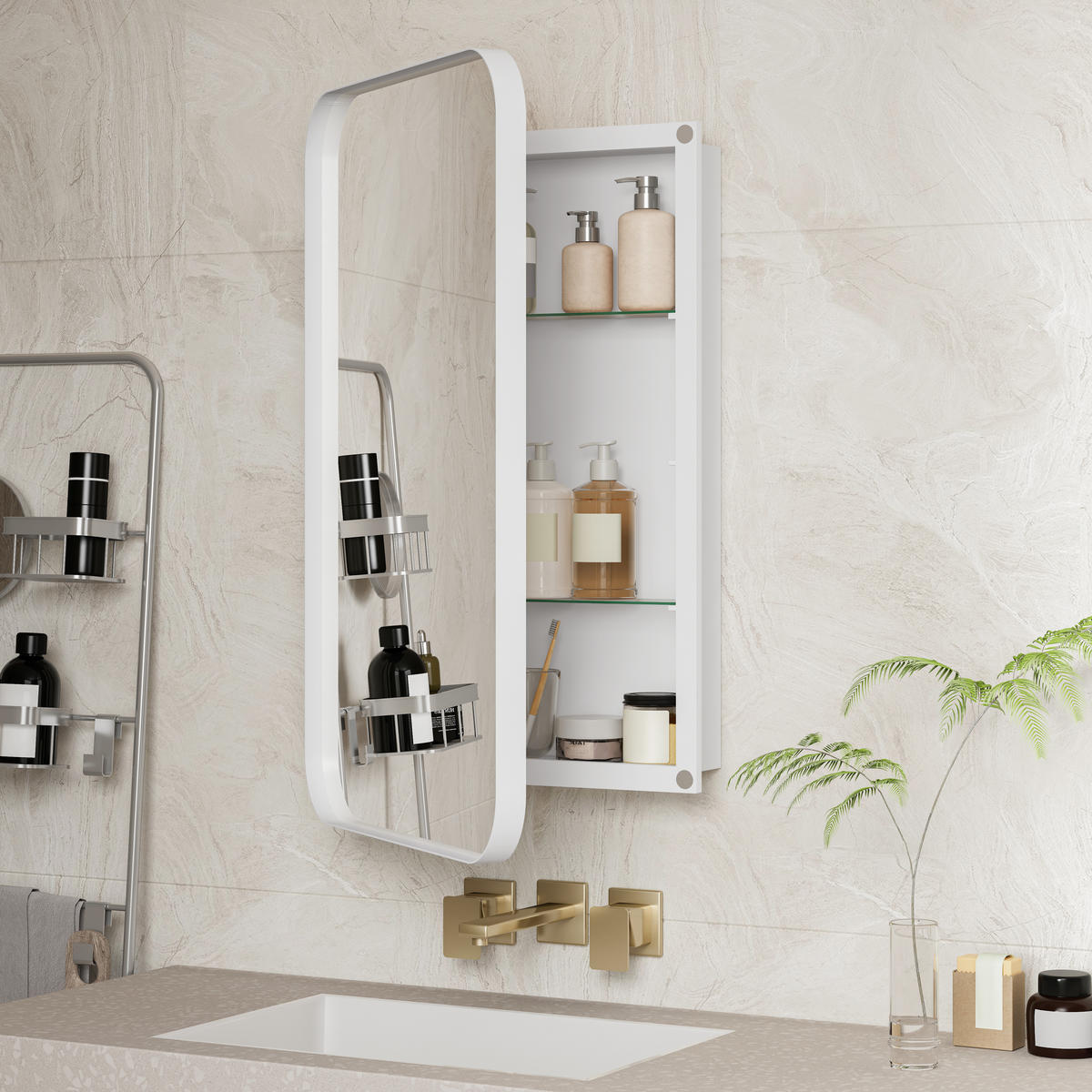 SPIEGELSCHRANK 76x51x12cm Weiß mit Aufbewahrung - Wandspiegel für Badezimmer - Weiß, Glas (76/12/51cm) - Modfu