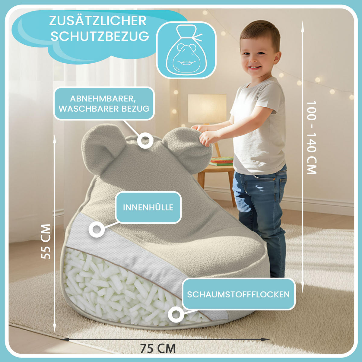 SITZSACK FÜR KINDER Maus 75/75/55 cm, weicher Bouclé 315 g/m², abnehmbarer Bezug, Lamb Cloud - Creme, Textil (75/55/75cm) - Dreamroots