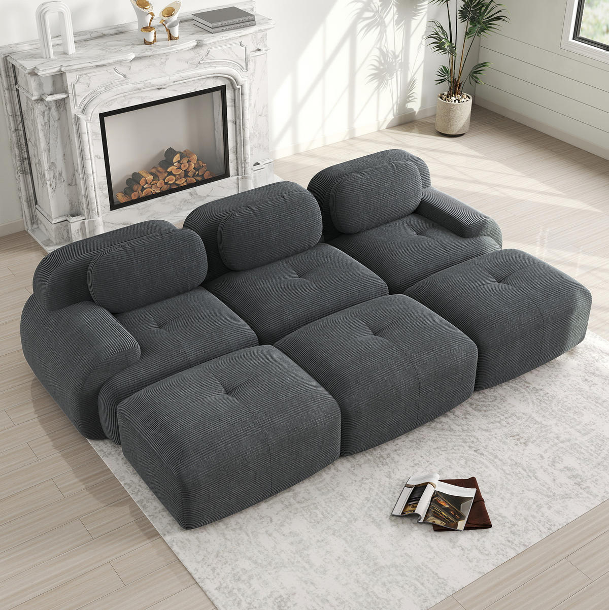 3-STIZER Sofa rahmenlos mit 32D-Hochdichteschaum, geschwungenen Armlehnen und Cordstoff, Grau - Grau, Textil (298/75/178cm) - Redom