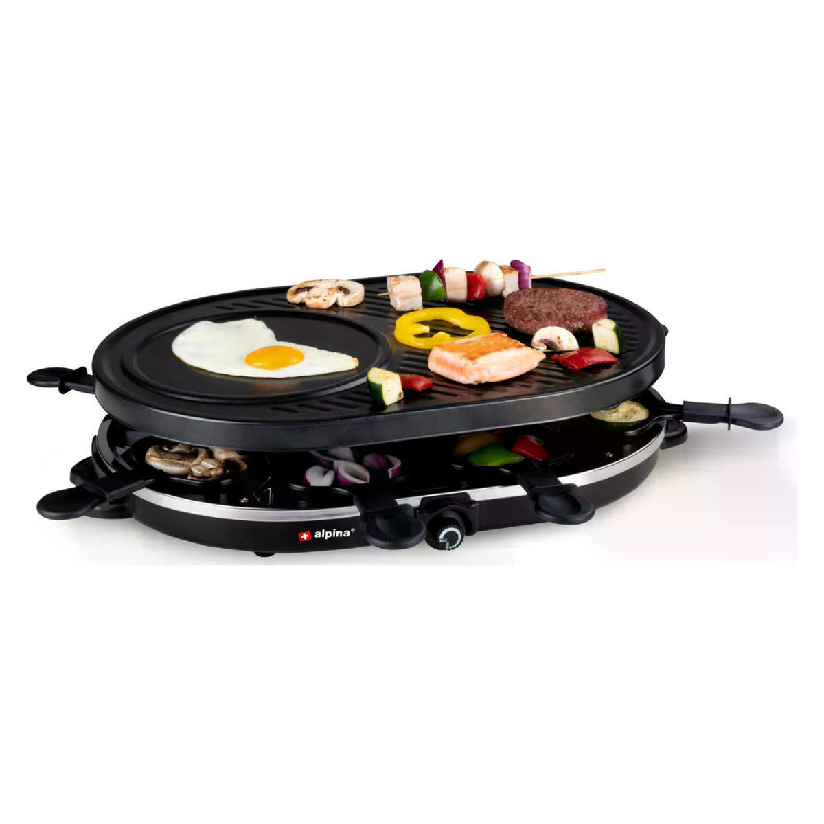 RACLETTEGRILL Gourmet Partygrill, 8 Personen, 1200W Elektrogrill, Antihaft Grillplatte, Abnehmbar, Tischgrill Indoor, Raclette Set Pfännchen - Schwarz, Metall (32/12/47.5cm) - Alpina