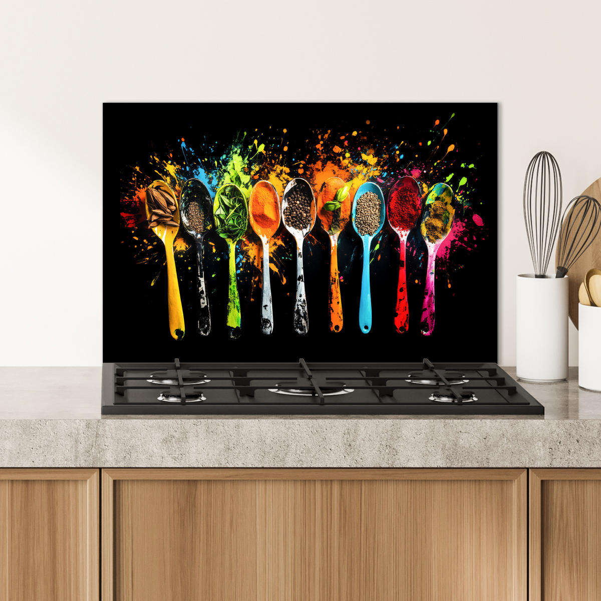 SPRITZSCHUTZ KÜCHE Löffel - Gewürze - Modern - Graffiti - Farbe - Farbenfroh 70x50 cm - Multicolor, Metall (70/0.3/50cm) - MuchoWow