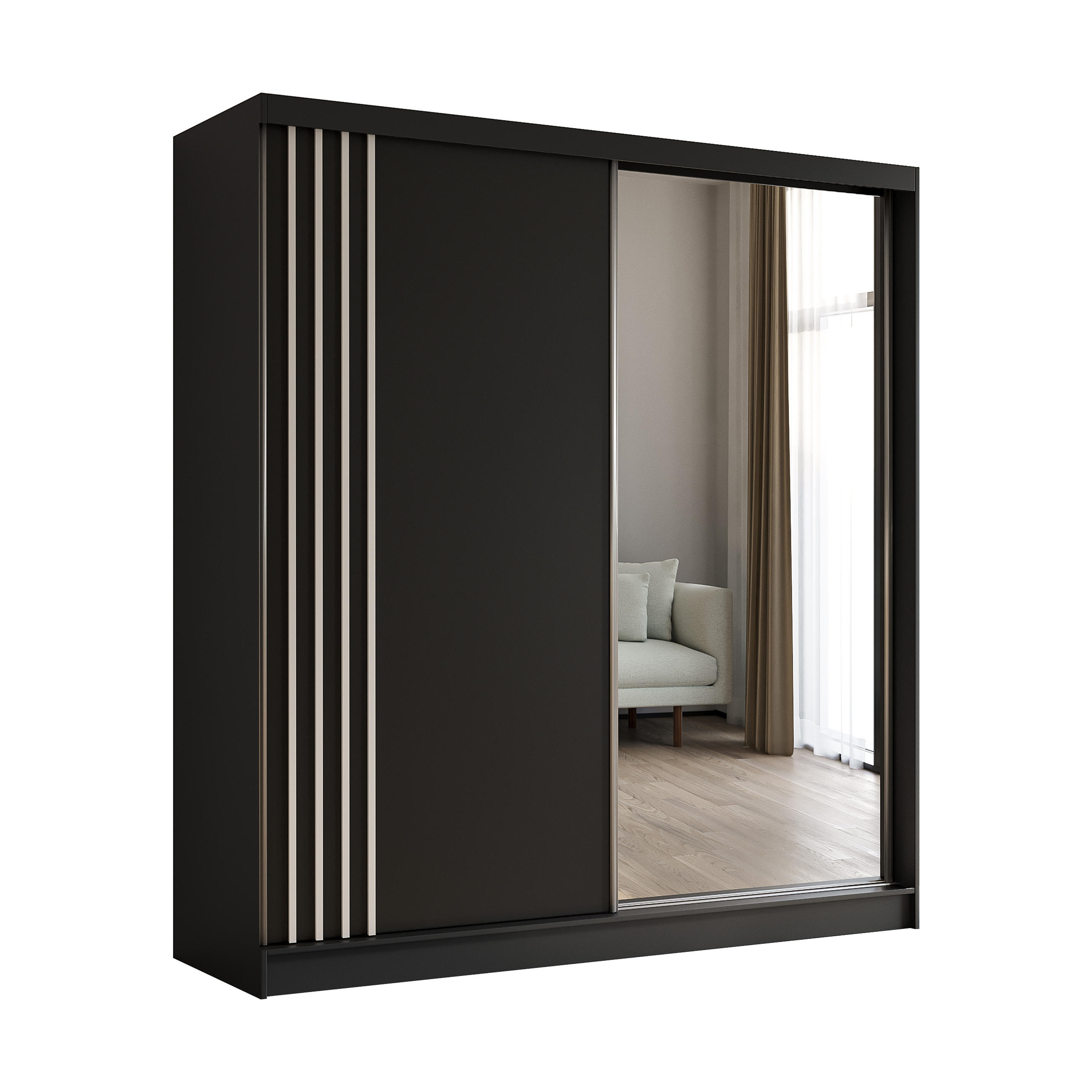 KLEIDERSCHRANK mit Spiegel-Schiebetüren und Aluminium-Leisten - NALLA - 200 cm Schwarz+Schwarz+Weiß - Schwarz/Weiß, Holzwerkstoff (200/216/61cm) - ALTDECOR