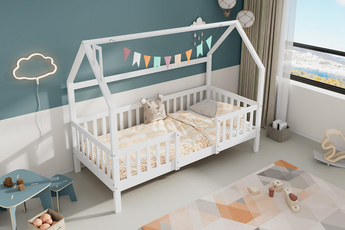 HAUSBETT 90/200 cm Weiß aus Kiefernholz mit robustem Lattenrost - Weiß, Holz (90/200cm) - OKWISH