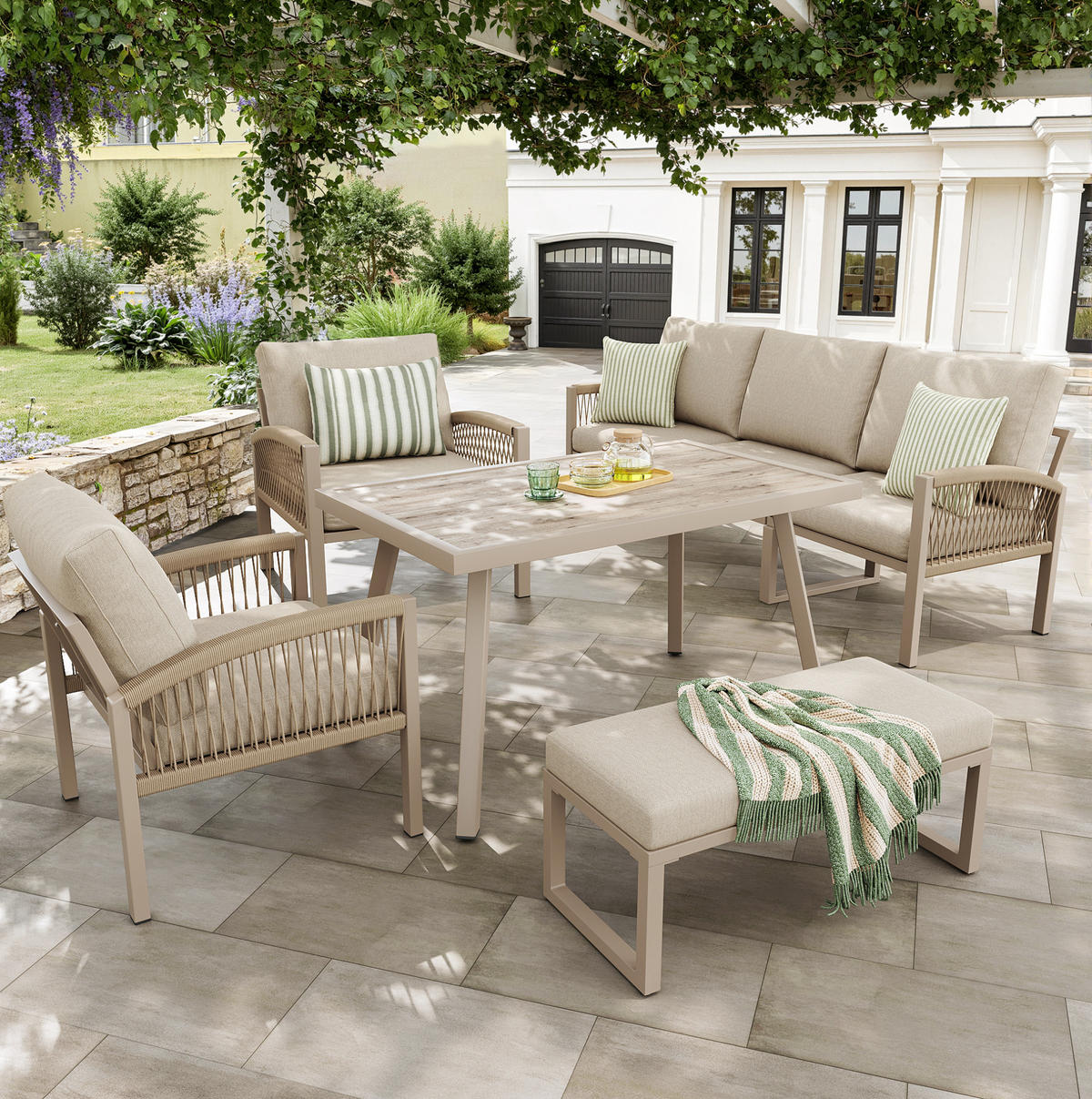GARTENSETS aus Eisen 173.5x65x62.5cm Beige mit Holzoptik-Glasplatte - Beige, Metall - Modfu