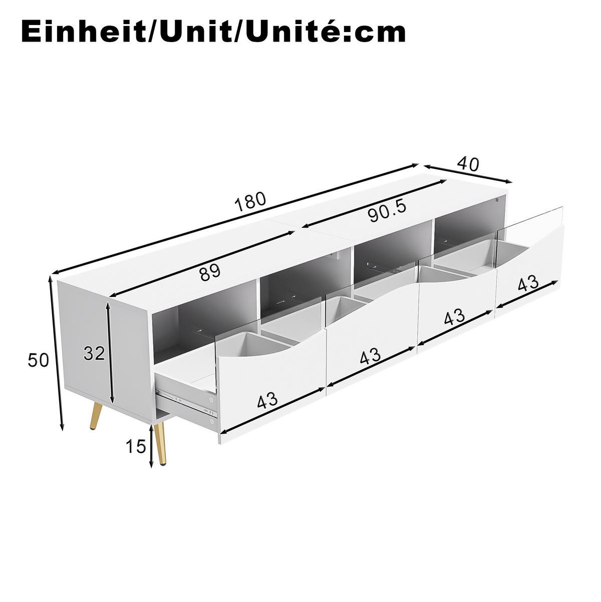 LOWBOARD 180/40/50 cm aus MDF mit LED-Beleuchtung, Glasfront und goldfarbenen Metallfüßen Weiß - Weiß, Holzwerkstoff (180/50/40cm) - Modenvie