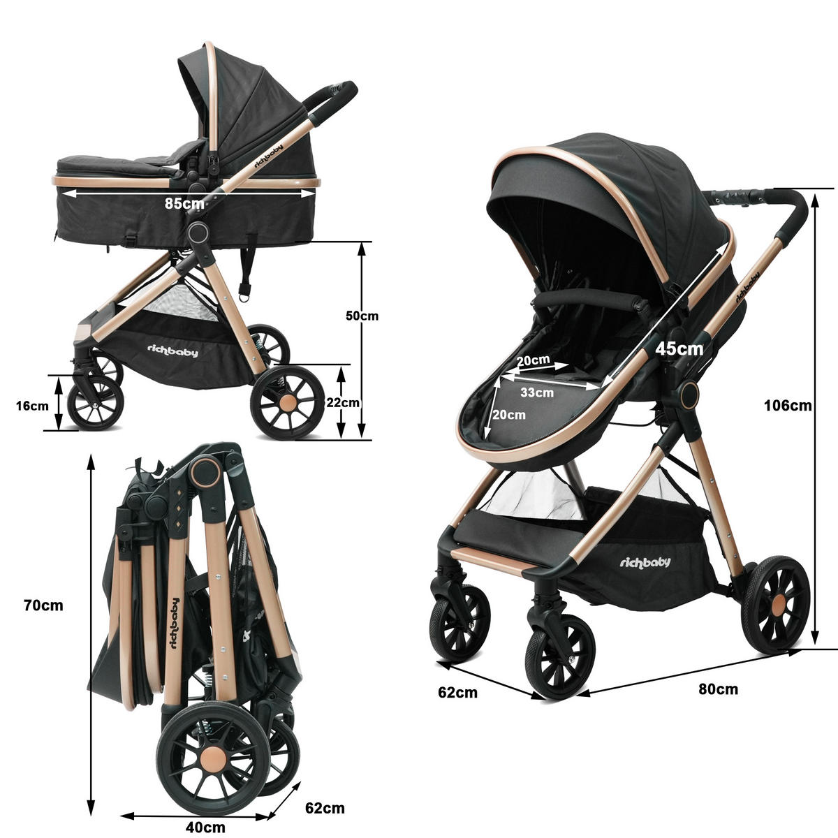 BUGGYS 2-in-1-Kombikinderwagen mit Babywanne 0-36 Monate kompakt faltbar - Schwarz, Metall (80/62/103cm) - Raelunyi