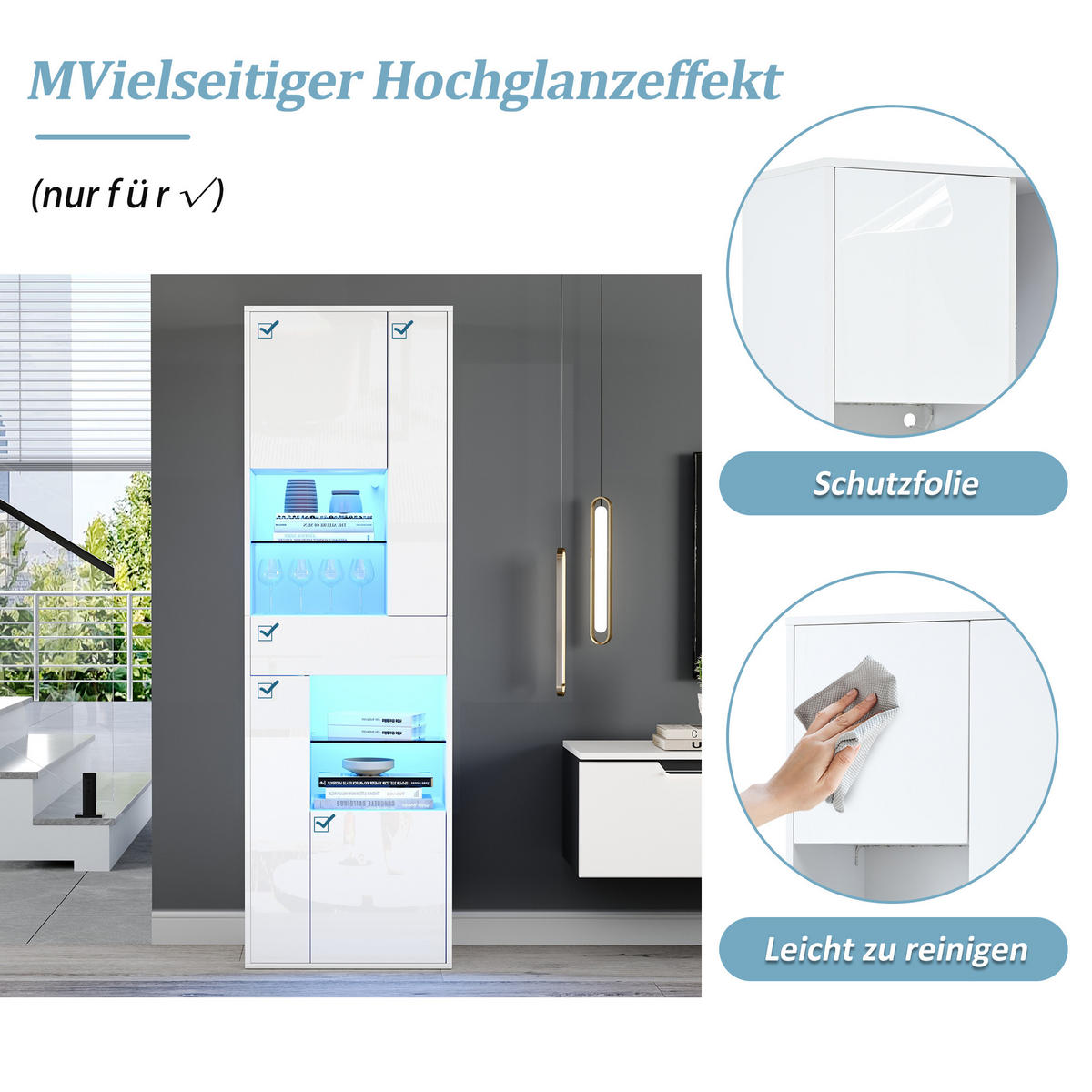 VITRINE LED Hochglanz Glasvitrine 1 Schublade 4 Türen Weiß 170cm - Weiß, Holzwerkstoff (55/170/38cm) - FLIEKS