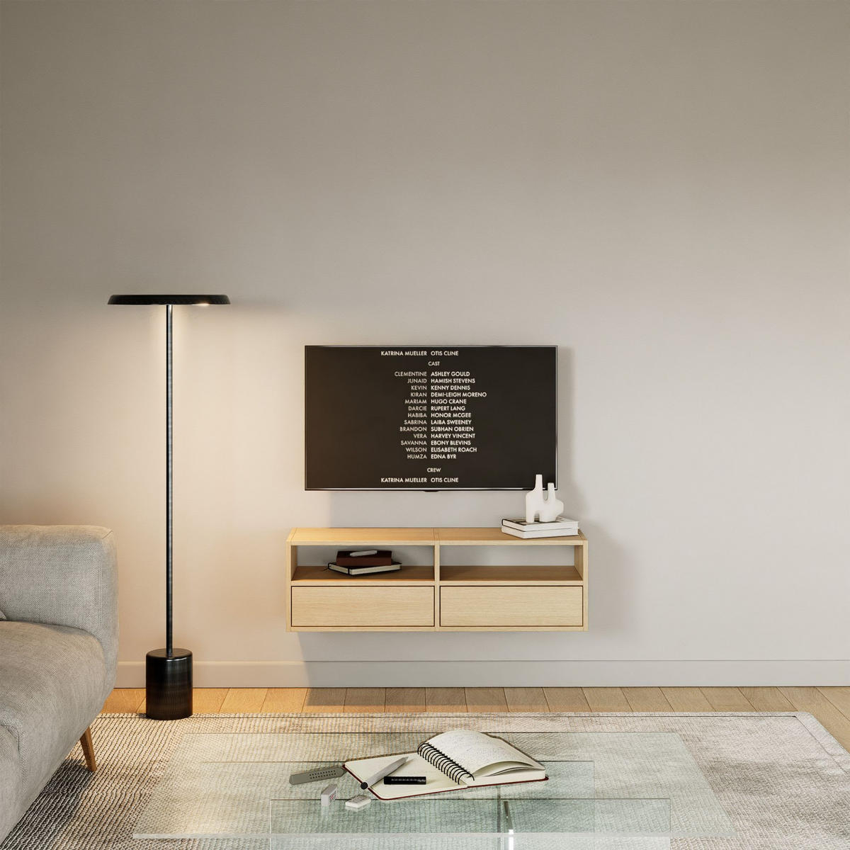 TV-LOWBOARD hängend, 2 Klappen und Ablagen, Eiche, 100 cm - Beige, Holzwerkstoff (100.6/30/30cm) - Selsey