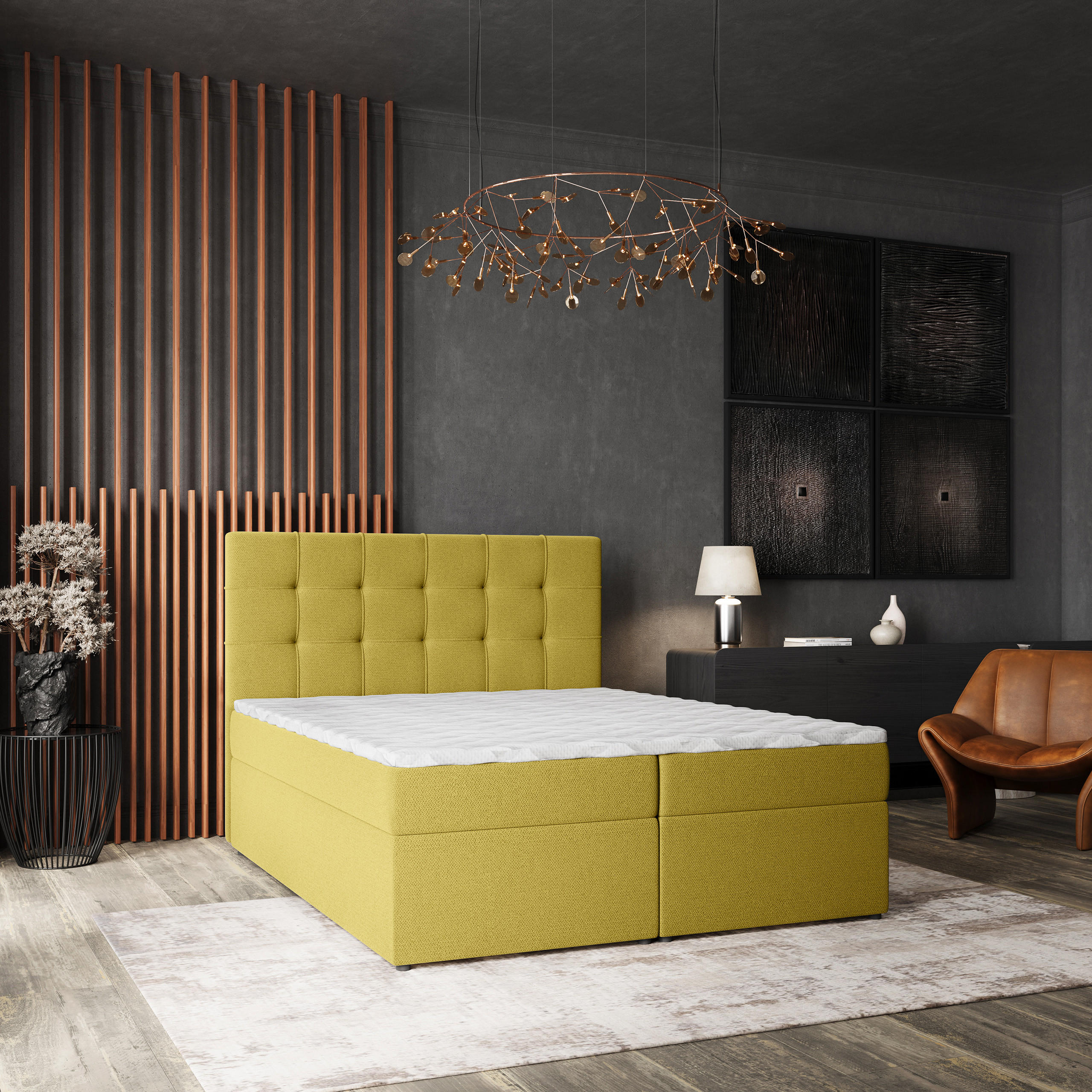 BOXBETT PALMA 140x200 cm mit Matratze und Topper, H2+H3 - Gelb - Gelb, Holz (140/200cm) - MASSENO