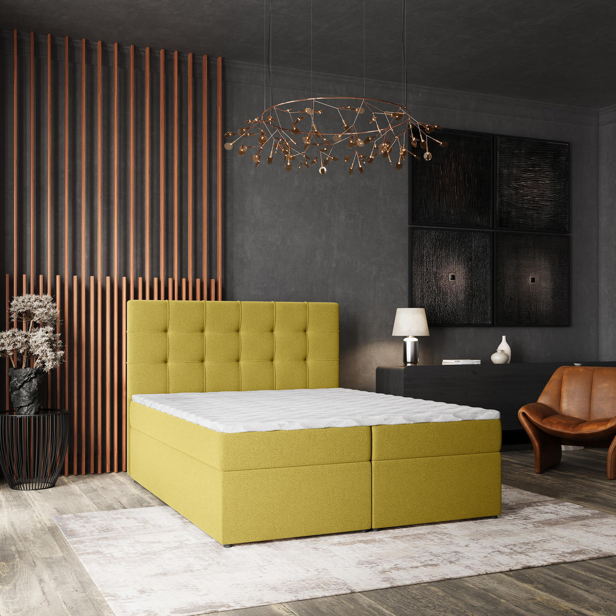 BOXBETT PALMA 140x200 cm mit Matratze und Topper, H2+H3 - Gelb - Gelb, Holz (140/200cm) - MASSENO