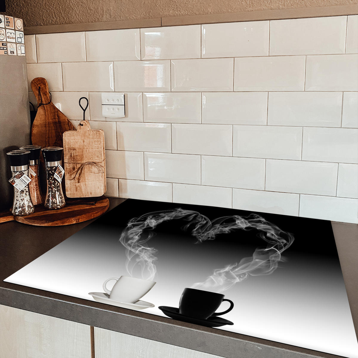 HERDABDECKPLATTE Kaffee - Herz - Schwarz und weiß - Tassen Induktionsmatte 77x59 cm - Weiß, Kunststoff (77/59/0.2cm) - MuchoWow