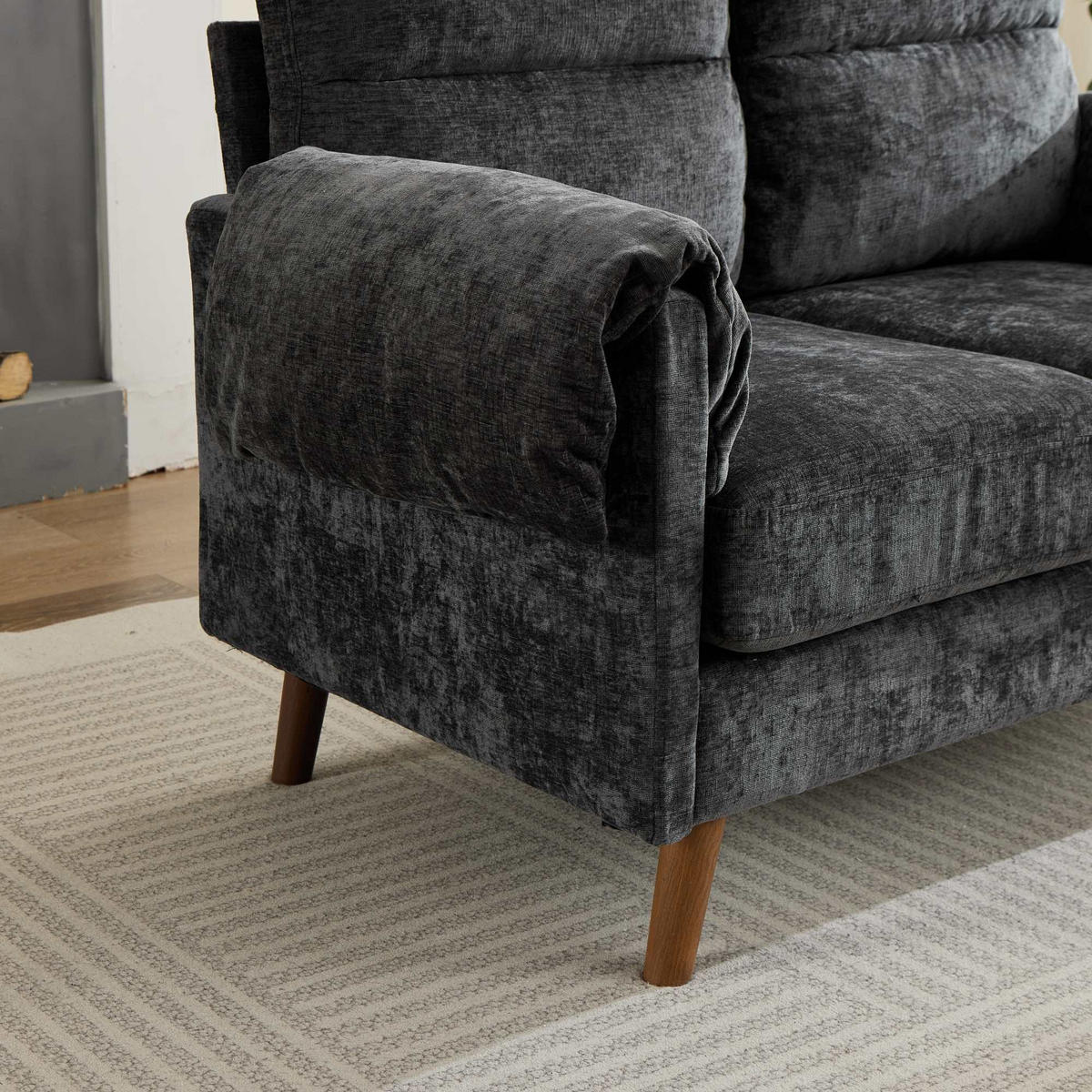 2-SITZER-SOFA aus schwarzem Chenille, kompakt und platzsparend - Schwarz, Textil (70/85/124cm) - Urban Meuble