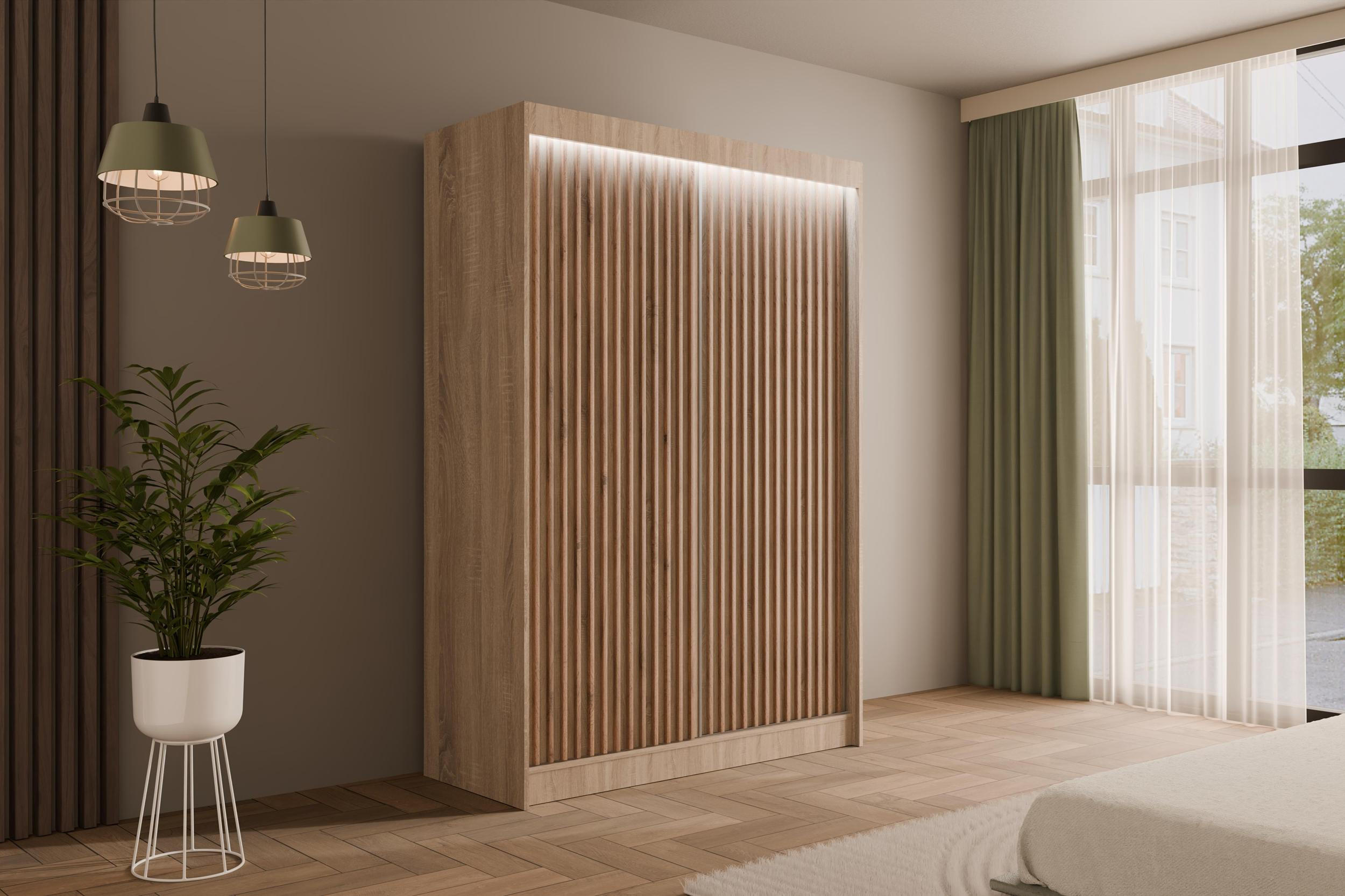 KLEIDERSCHRANK mit LED, Lamel-Schiebetüren VILANv2 - 150 cm Sonoma Eiche + Sonoma Eiche + Lamelle Eiche Wotan - Eiche Wotan/Sonoma Eiche, Holzwerkstoff (150/215/61cm) - ALTDECOR