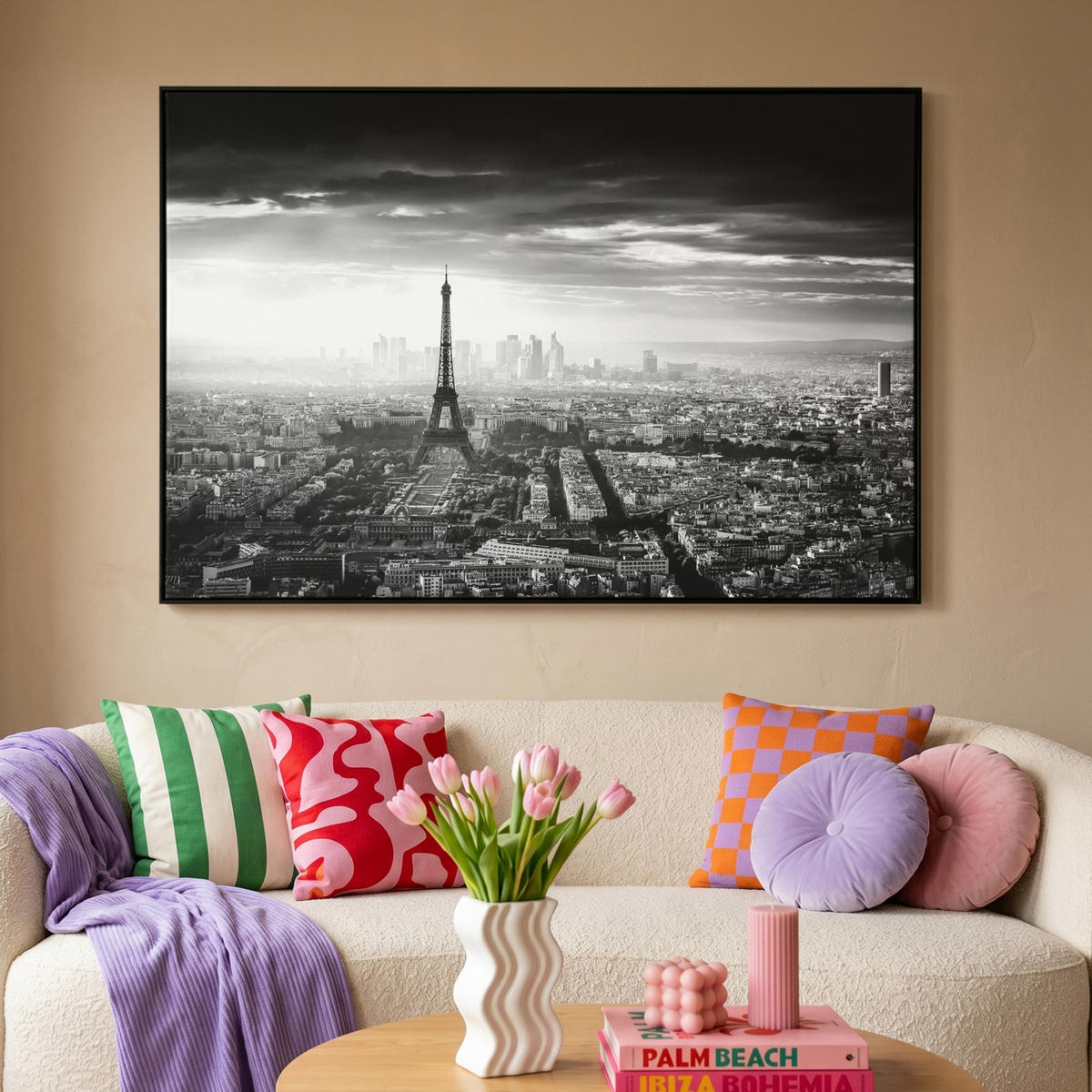 LEINWAND Bilder mit Rahmen - Paris - Skyline - Eiffelturm - Stadt - Wolken - 120x80 - Dunkelgrau, Textil (120/80cm) - MuchoWow
