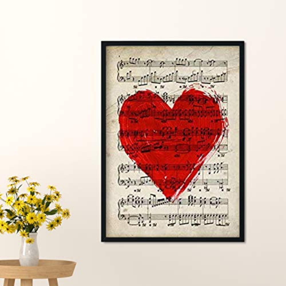 POSTER Gerahmter Kunstdruck, Herz, Notenblatt 30X40cm Schwarzer Rahmen - Schwarz, Papier (30/5/40cm) - Nacnic
