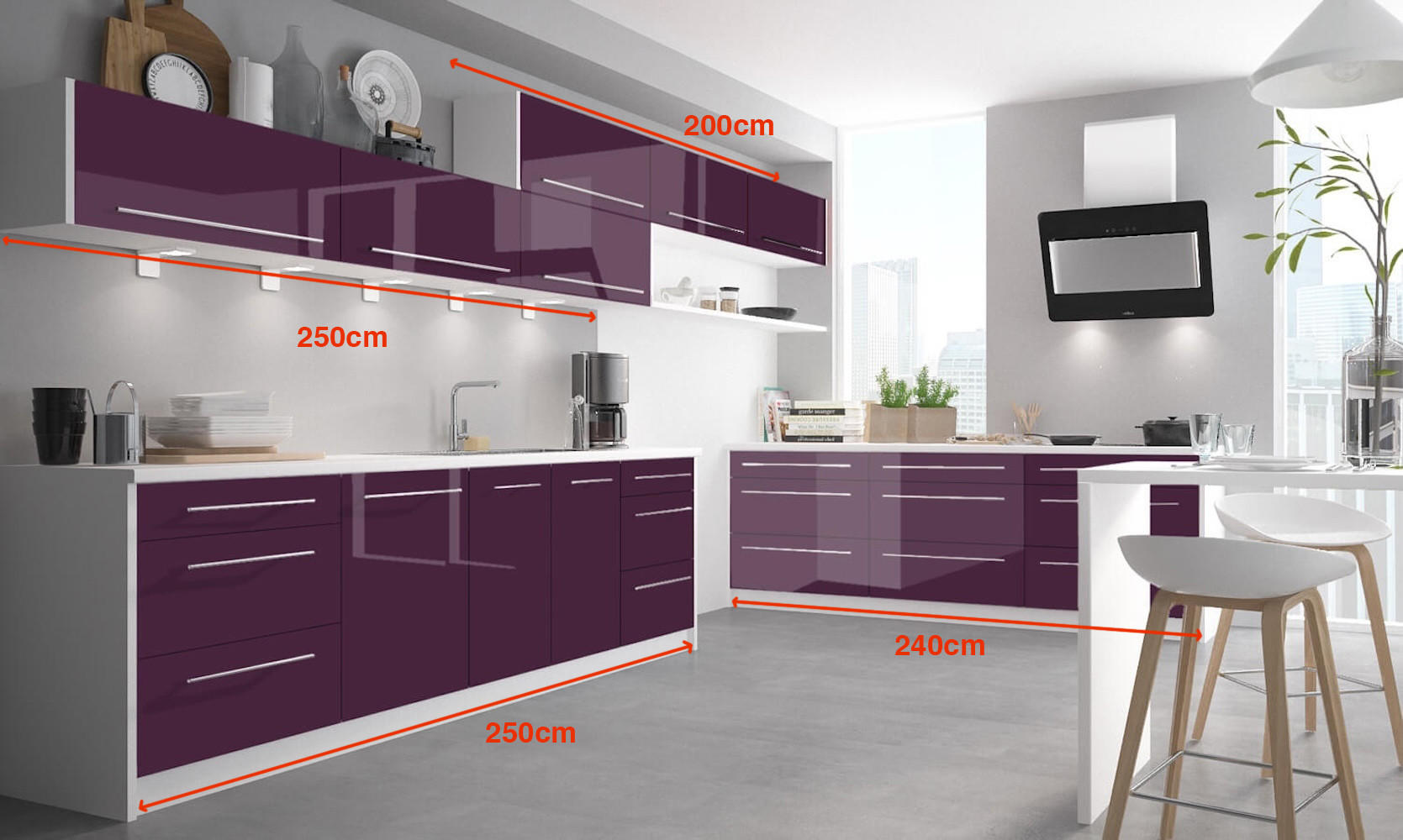 WINKELKÜCHE Brerra Cdb purpurviolett lackiert / weiß matt 13-teilig - Violett/Weiß, Holzwerkstoff (490/168/50cm) - Feldmann-Wohnen