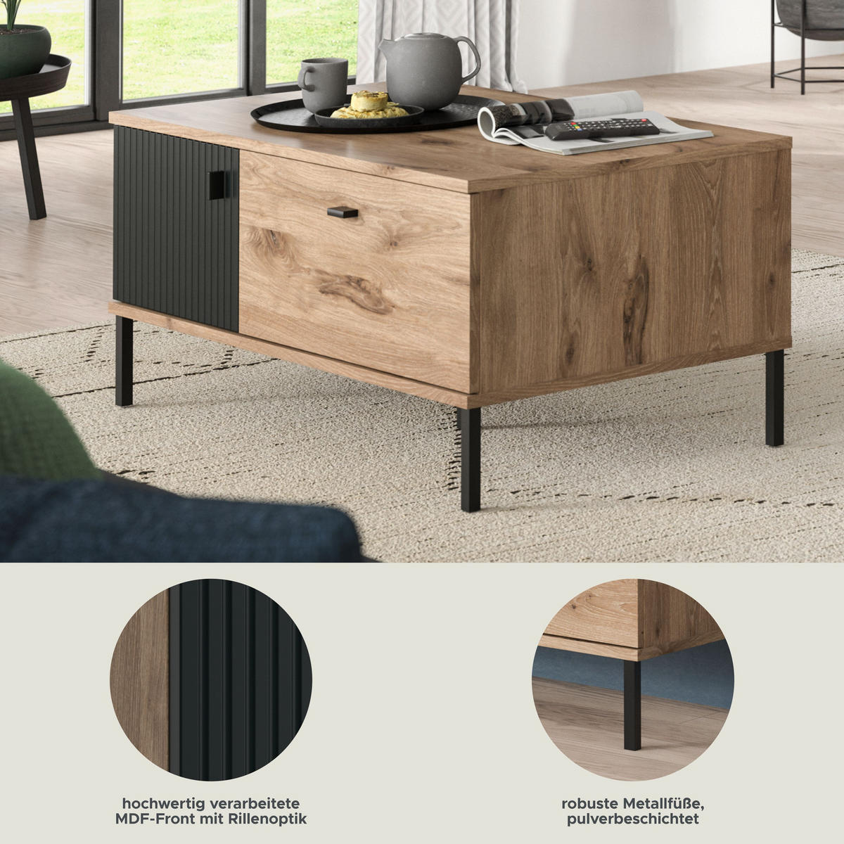 COUCHTISCH CHESS (B/H/T: ca. 100/48/60 cm) in Nox Oak Nachbildung/schwarz - Eichefarben, Holzwerkstoff (60/100/48cm)