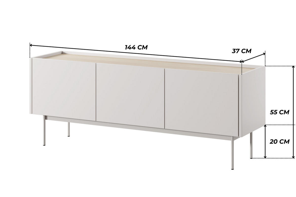 MODERNES TV-Board LUMO RTV3D (Kaschmir Matt, Eiche Linea, Metallfüße, Soft-Close) - Kaschmir/Eichefarben, Holz/Holzwerkstoff (144/55/37cm) - Ravio