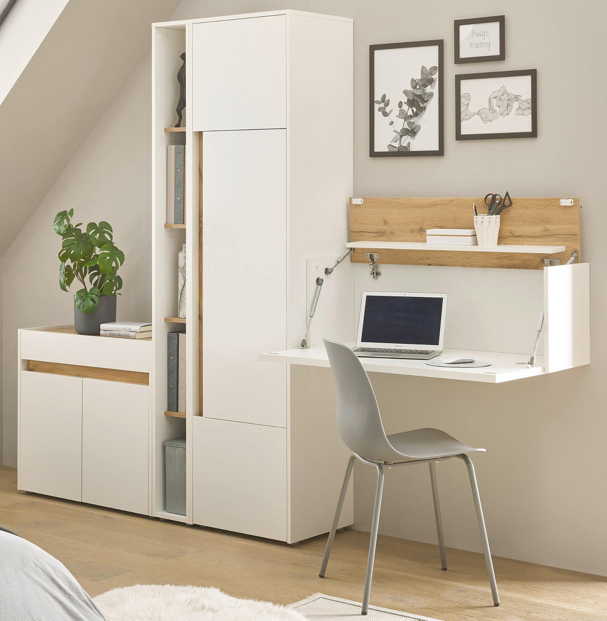 AKTENSCHRANK Set 2-teilig weiß, Eiche Wotan 70 x 200 cm, Schrank-Regal-Kombination mit 5 Ordnerhöhen - Eichefarben/Silberfarben, Holzwerkstoff/Kunststoff (70/200/40cm) - Furn.Design