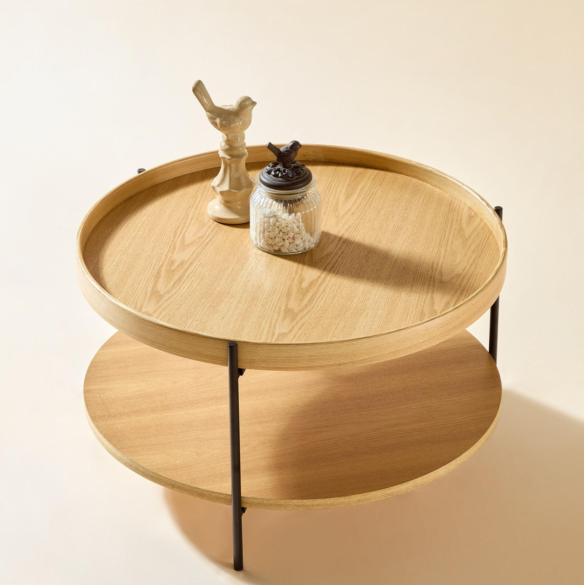 KONFERENČNÍ stolek 69x69x38 cm přírodní, z masivního dřeva a MDF, 2úrovňový - přírodní, kompozitní dřevo (69/69/38cm) - BEAOK