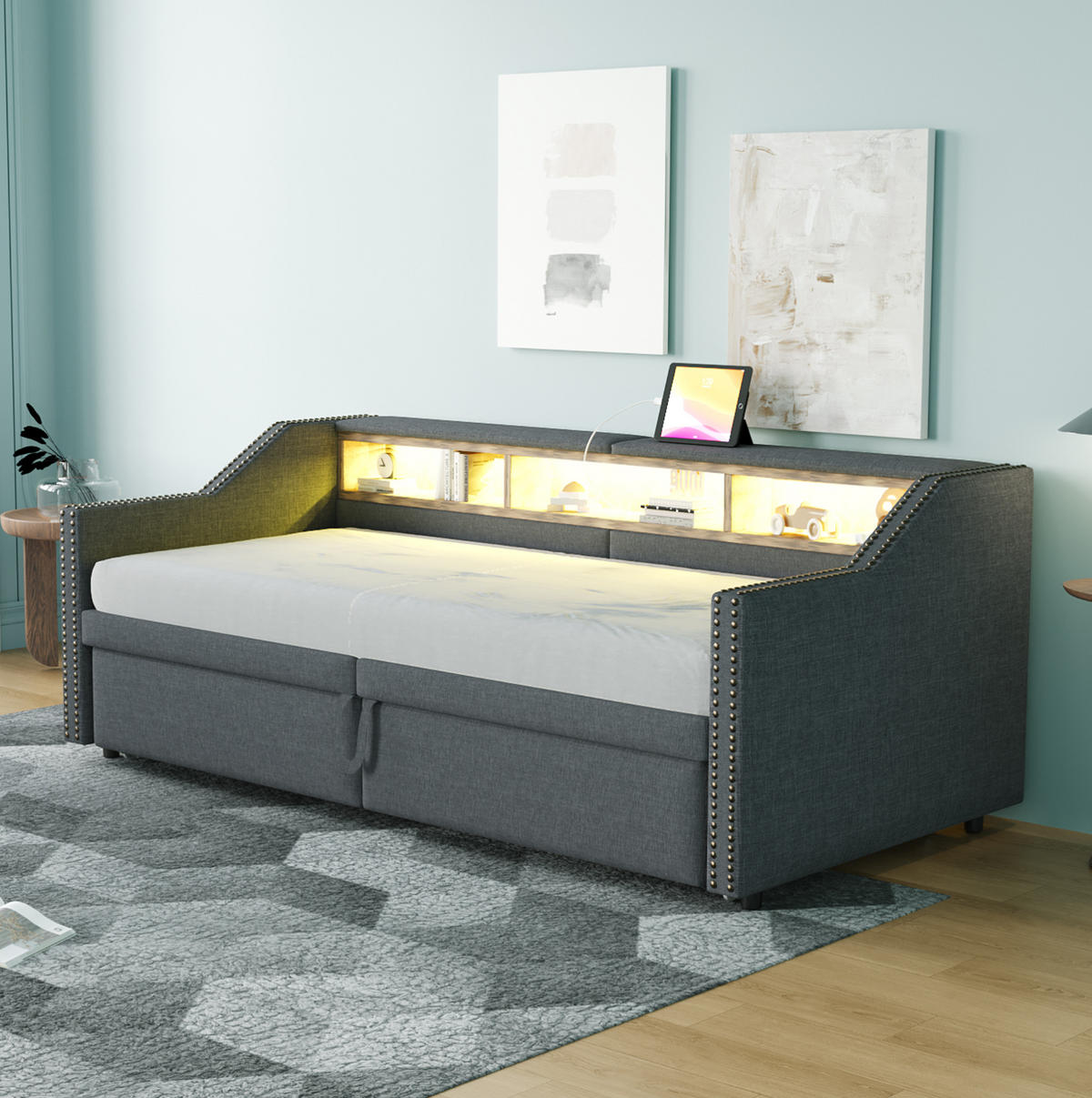 BETT aus Leinen 90/180x200 cm Dunkelgrau mit Ausziehbett, LED, USB und 3 Ablagefächern - Dunkelgrau, Textil (90/190cm) - Modfu