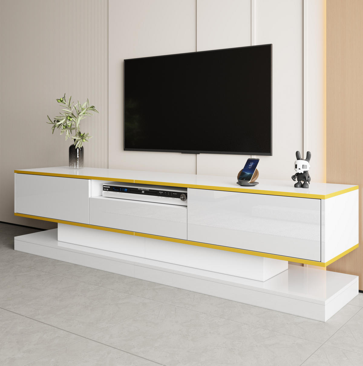 TV stolek z dřevotřísky 180x38x45 cm bílý se zlatými prvky, vysokým leskem, LED osvětlením a 3 zásuvkami - bílá, kompozitní dřevo (180/45/38cm) - Modfu