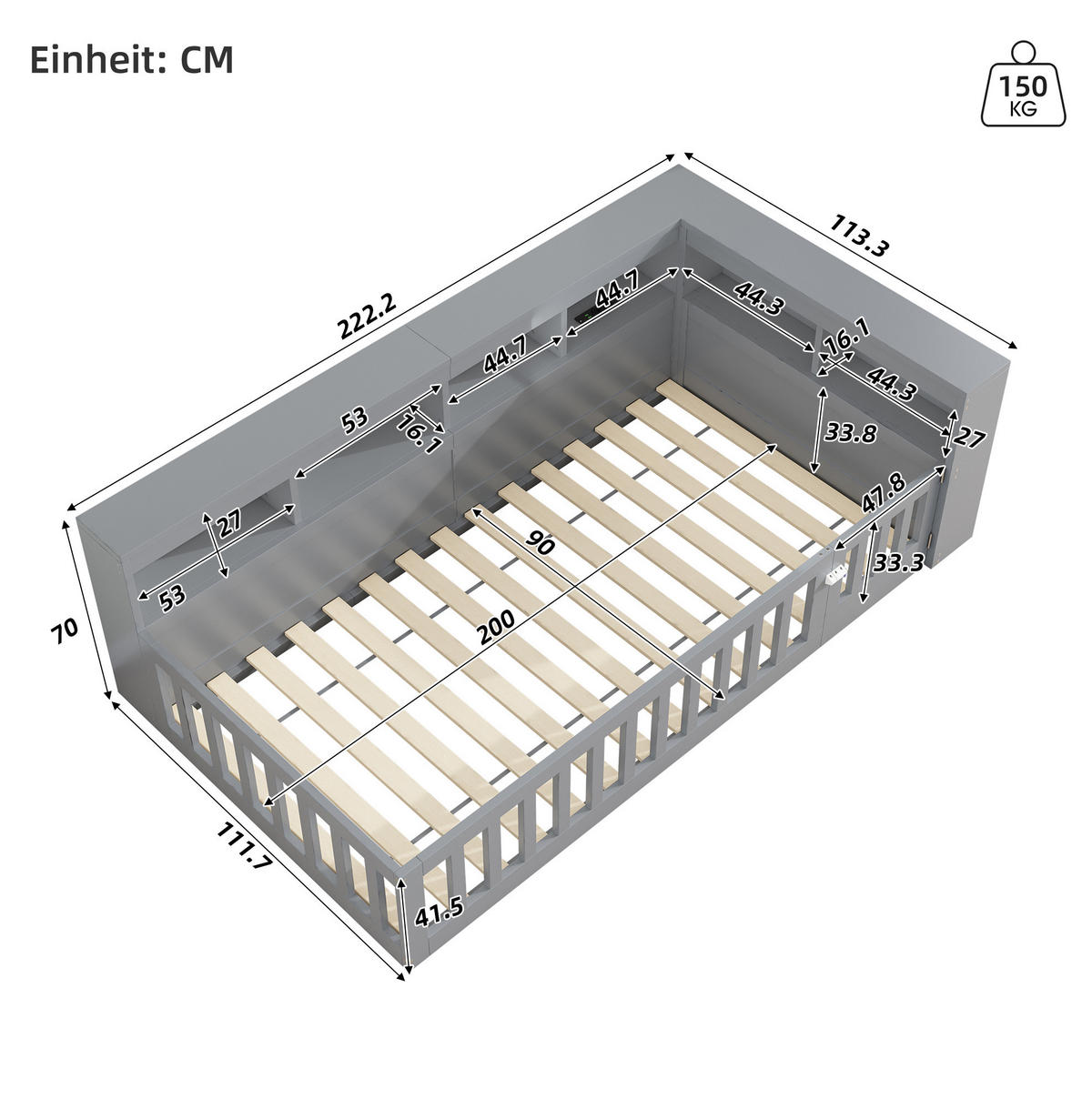 OBLAZINJENA postelja, 90/200 cm, iverna plošča/MDF, siva, z odlagalnim prostorom in USB - siva, leseni material (90/200cm) - BEAOK